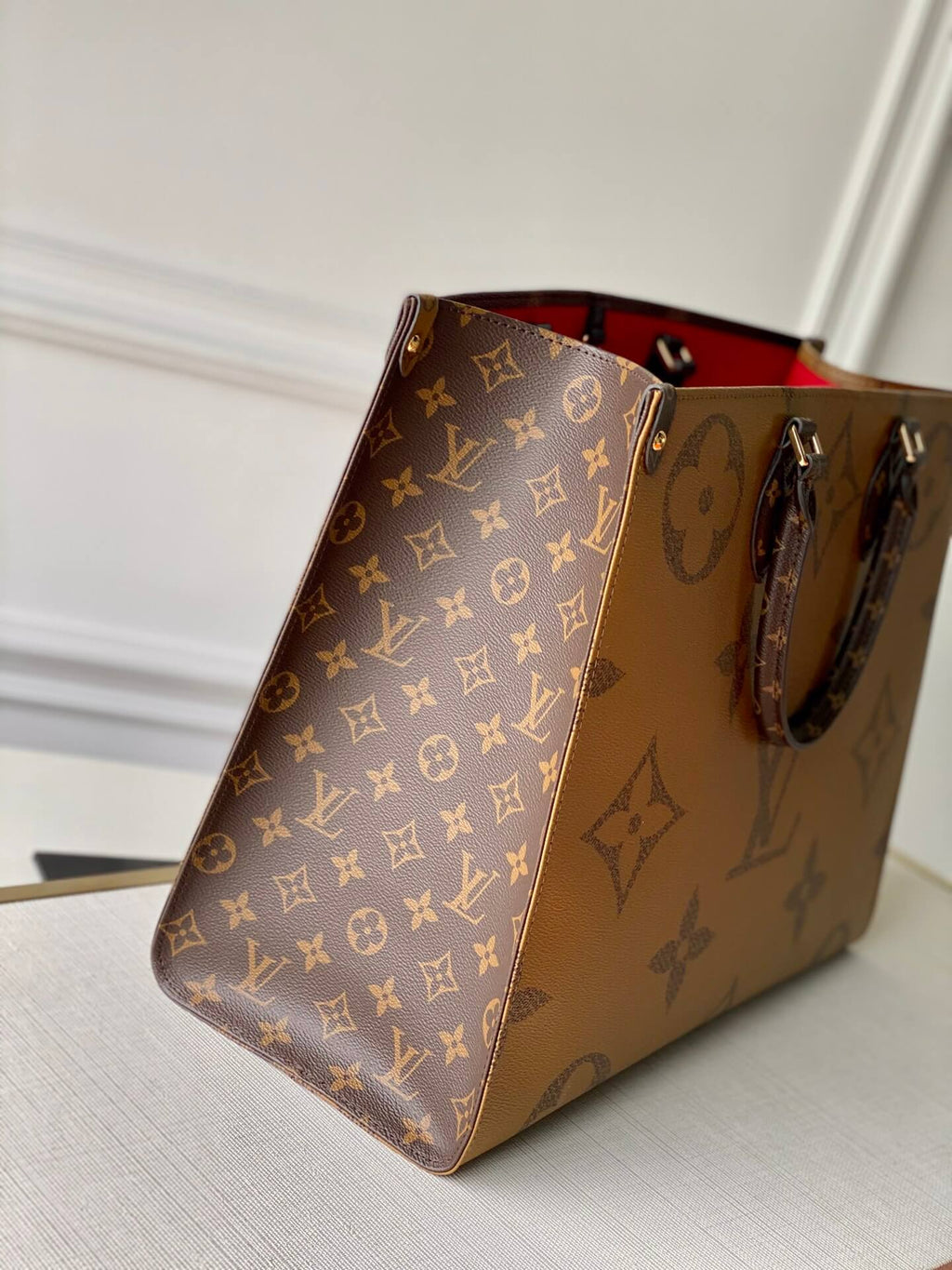 ONTHEGO GM TOTE BAG M45320 BROWN RED MONOGRAM REVERSE TORON
