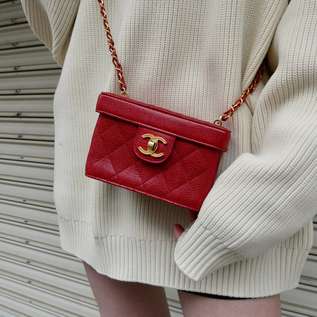CHANEL * 1991-1994 Red Caviar Mini Vanity Shoulder Bag