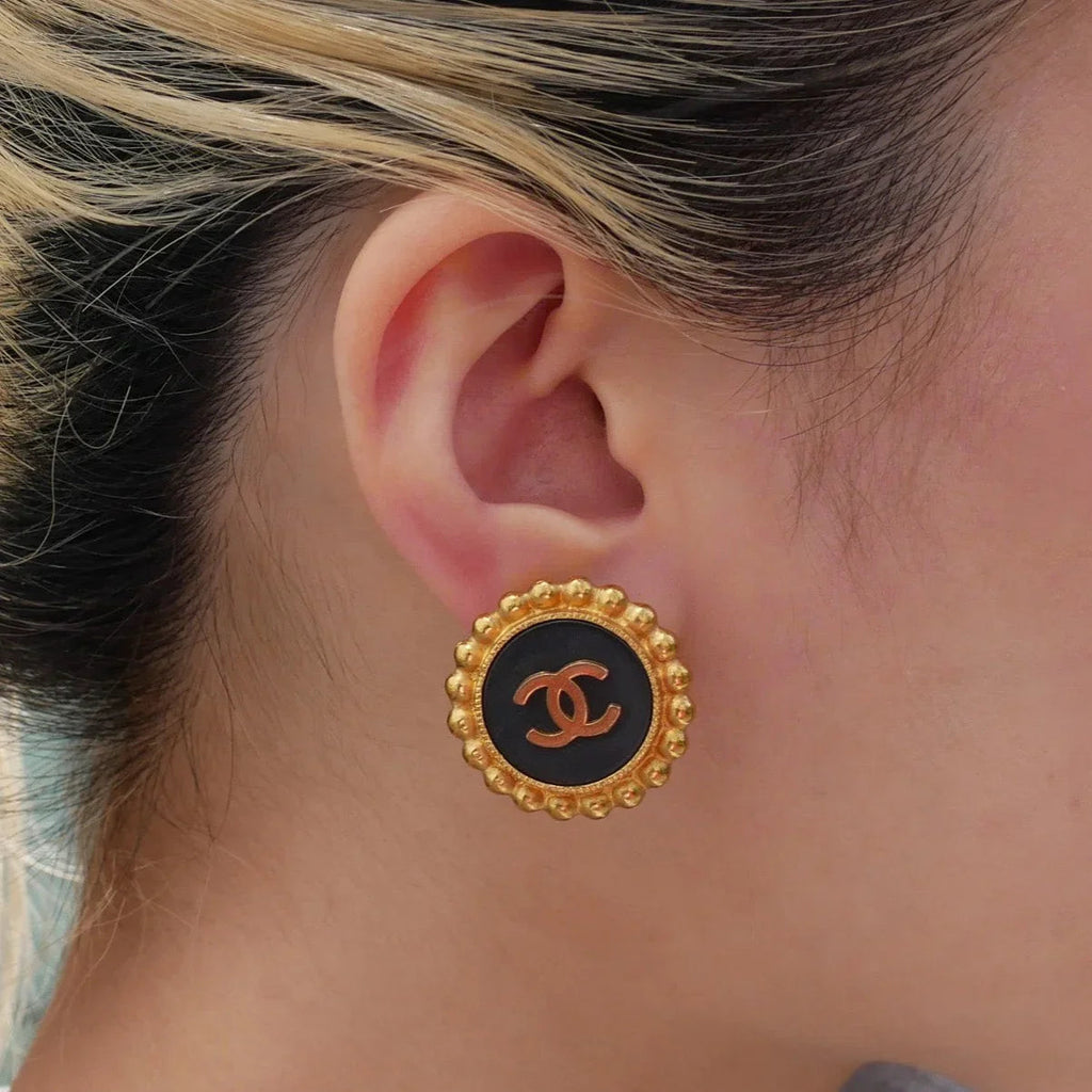 Chanel 1993 Black & Gold CC Earrings Clip-On