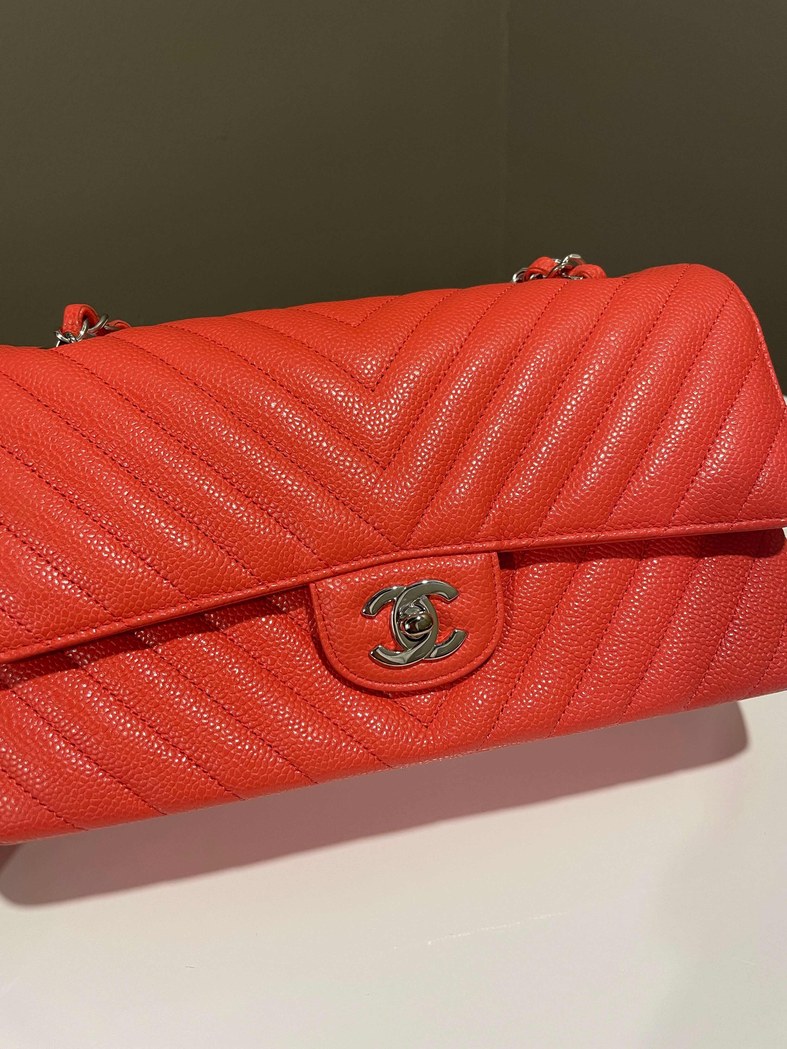 Chanel Classic Chevron Medium Double Flap Coral Caviar