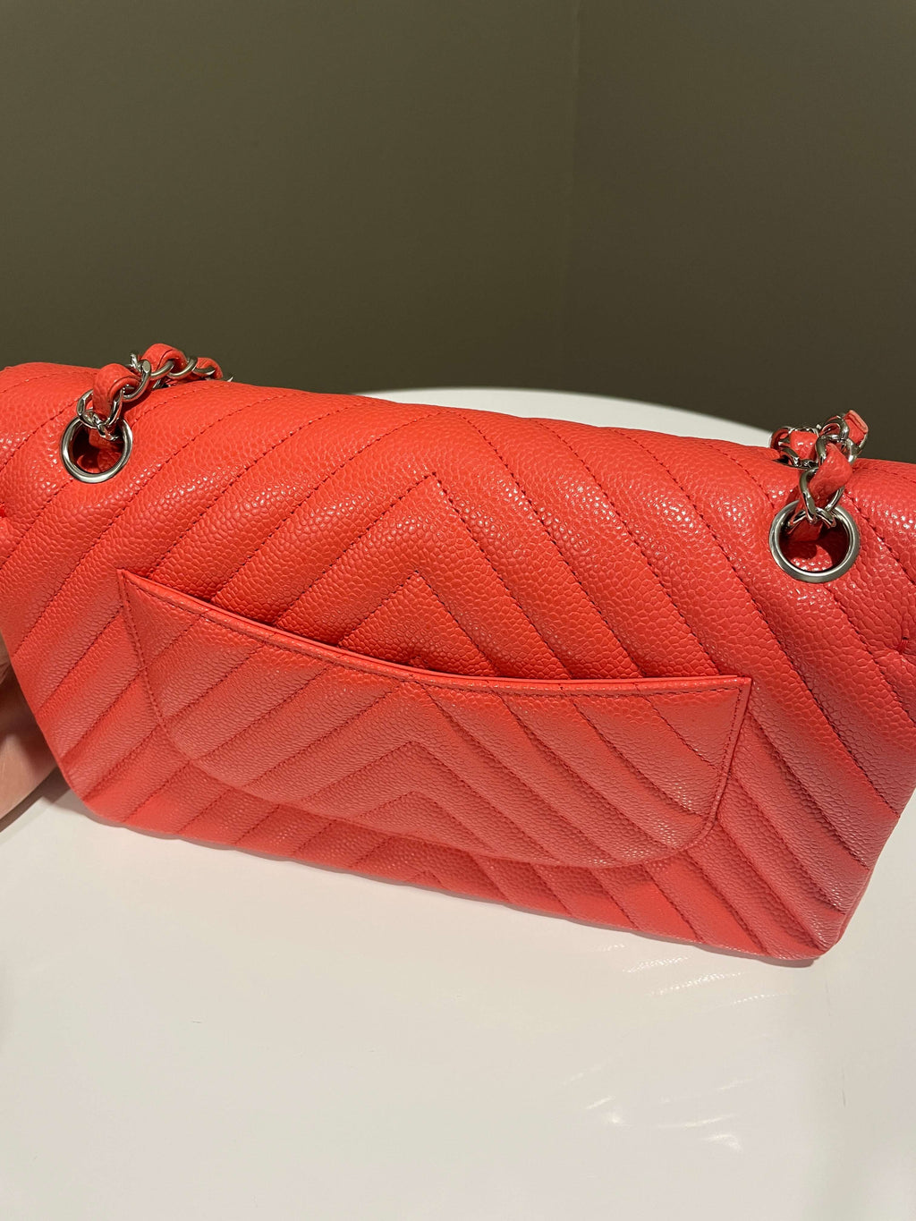 Chanel Classic Chevron Medium Double Flap Coral Caviar