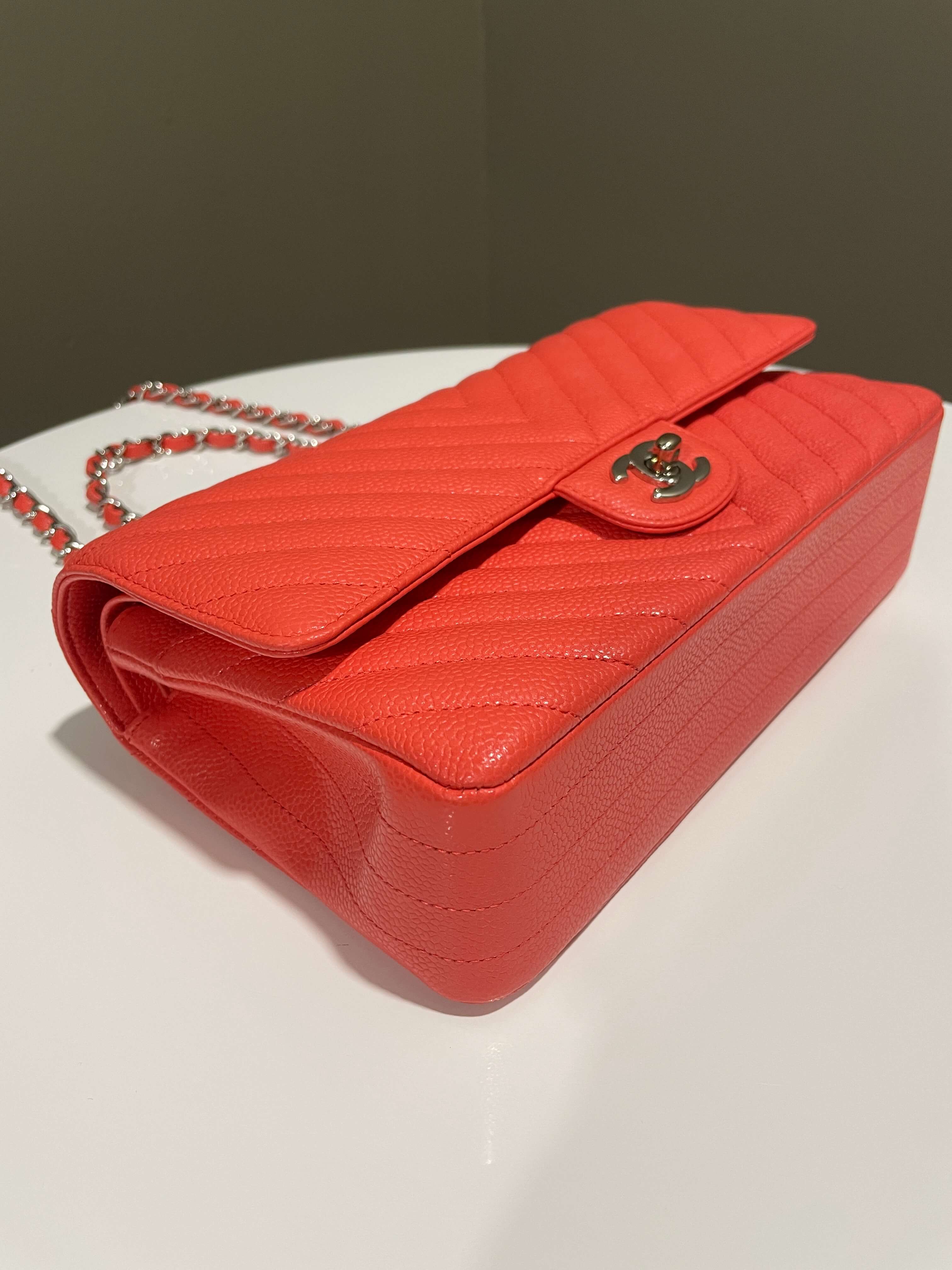 Chanel Classic Chevron Medium Double Flap Coral Caviar