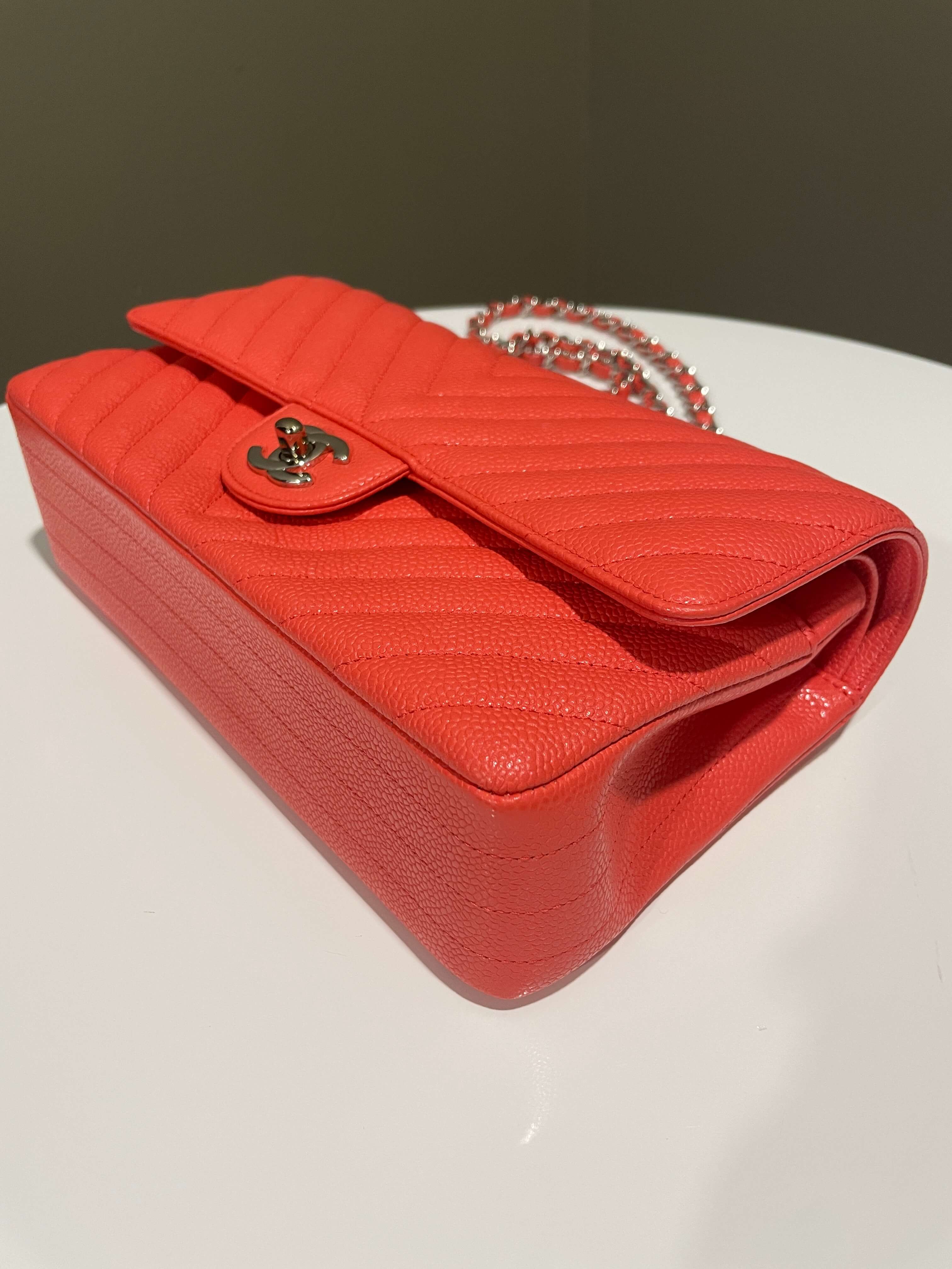 Chanel Classic Chevron Medium Double Flap Coral Caviar