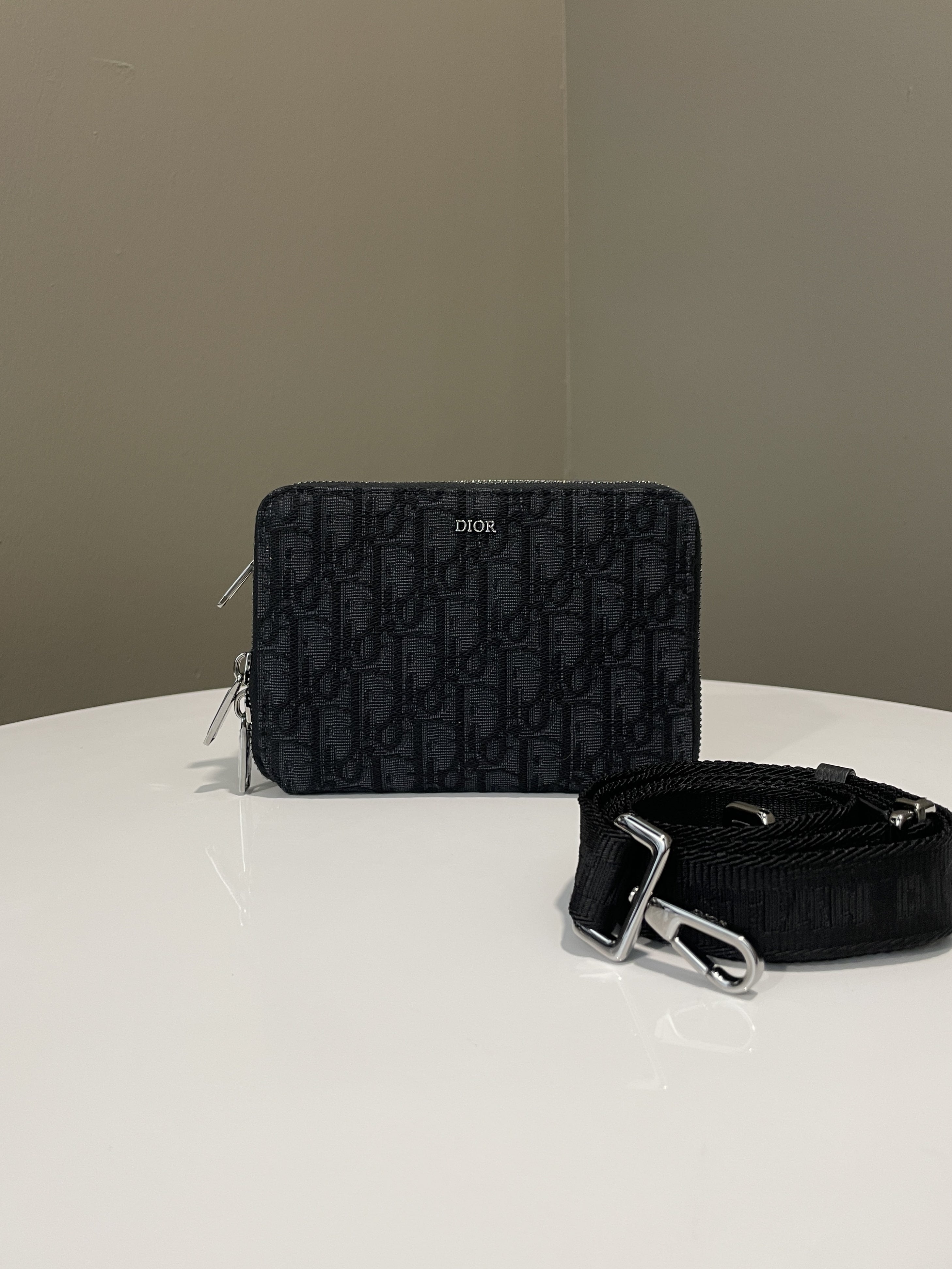 Dioror Double Zip Crossbody Pouch Black Oblique