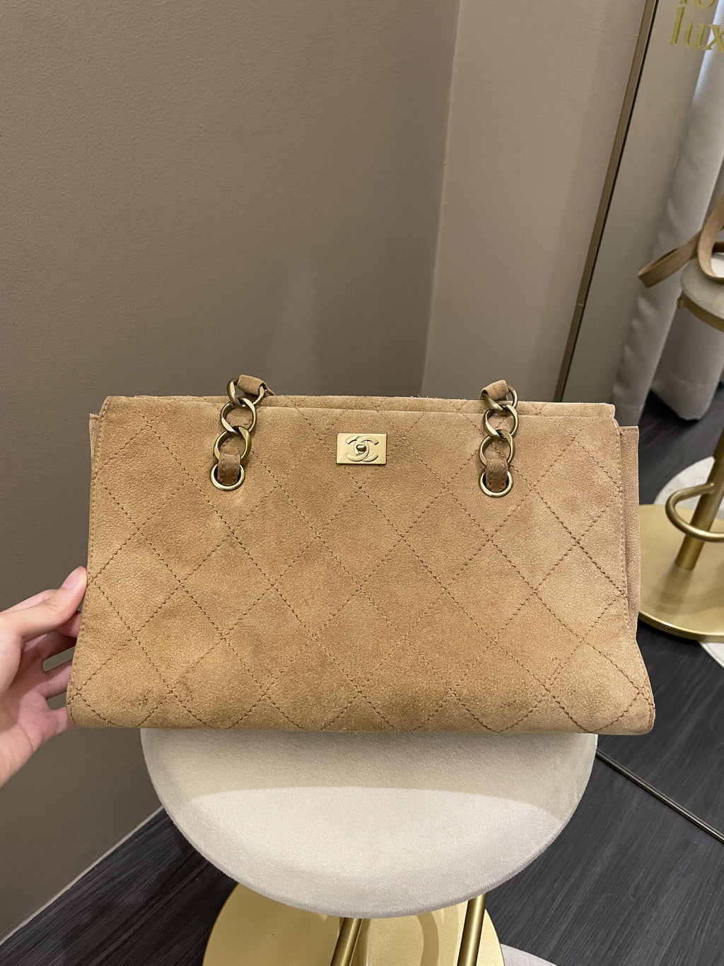Chanel Vintage Quilted Shoulder Tote Camel Suede