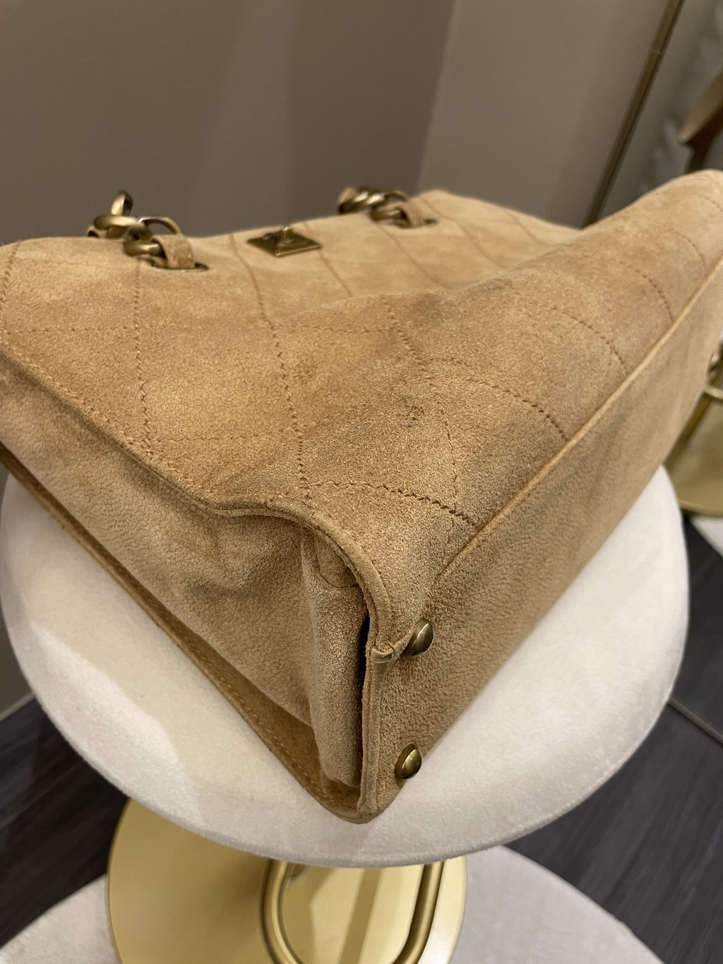 Chanel Vintage Quilted Shoulder Tote Camel Suede
