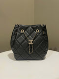 Chanel Quilted Cc Drawstring Bucket Shoulder Bag Black Lambskin