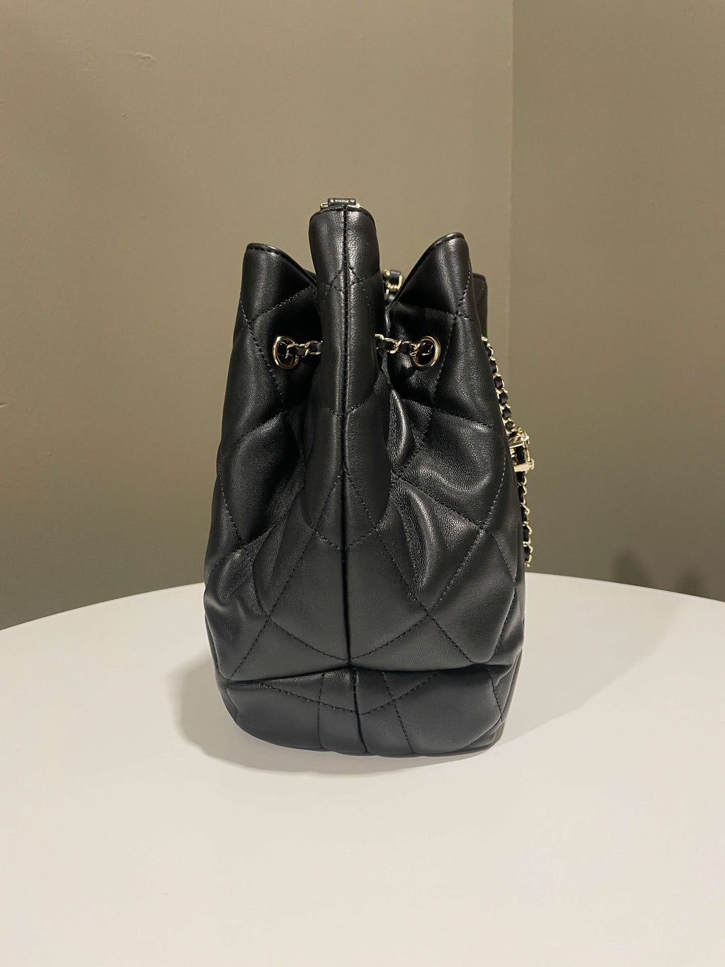 Chanel Quilted Cc Drawstring Bucket Shoulder Bag Black Lambskin