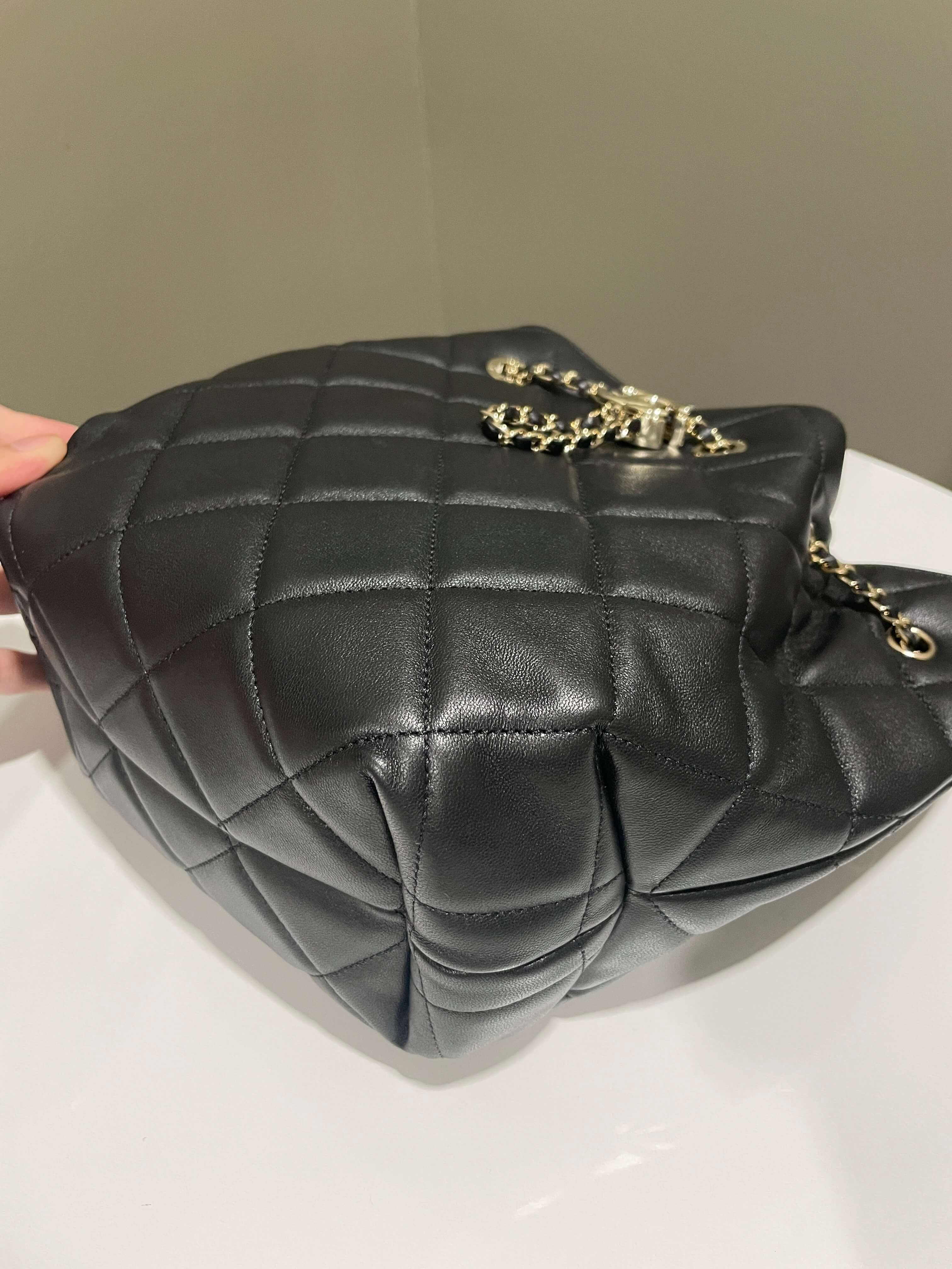 Chanel Quilted Cc Drawstring Bucket Shoulder Bag Black Lambskin