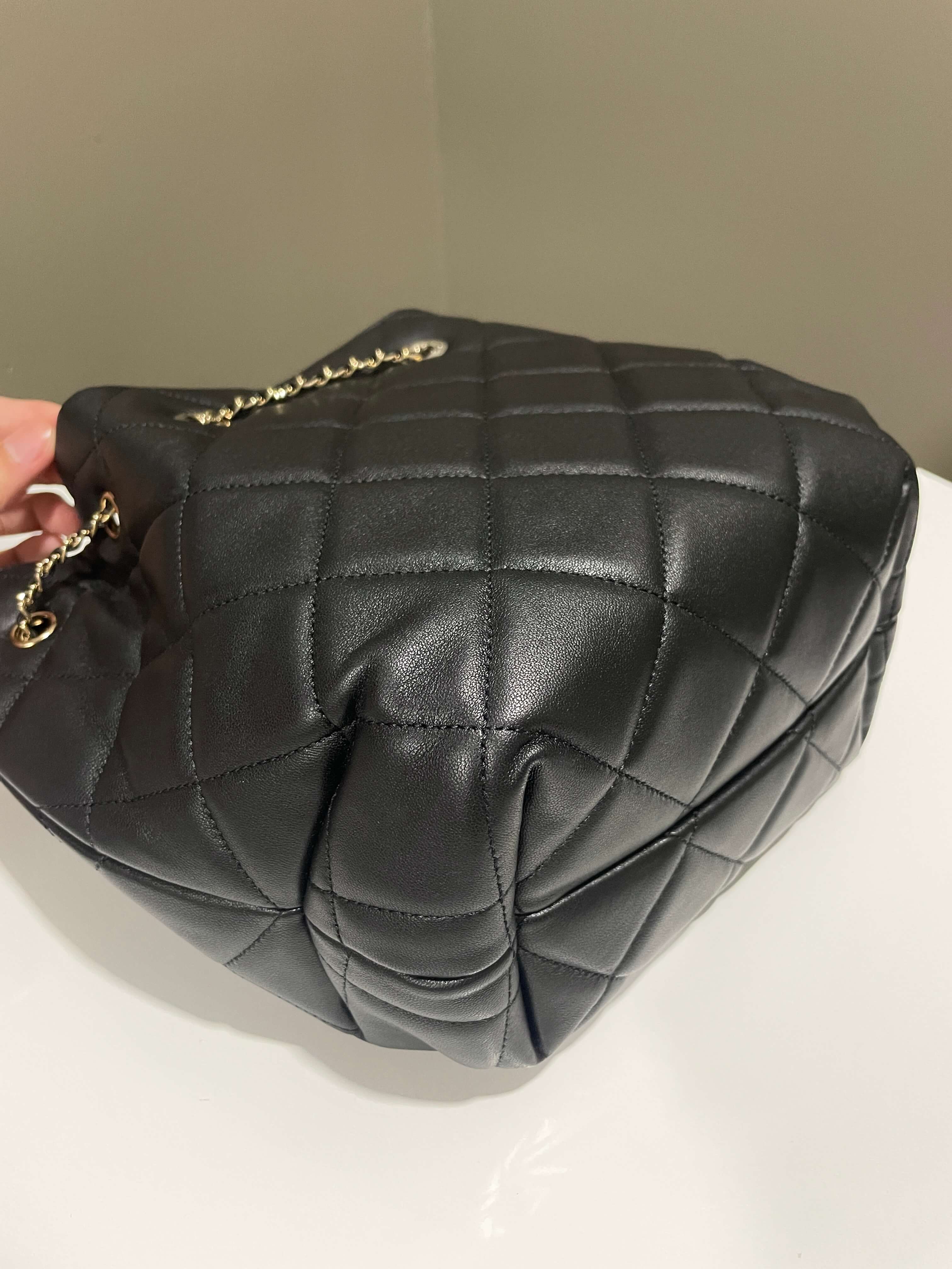 Chanel Quilted Cc Drawstring Bucket Shoulder Bag Black Lambskin