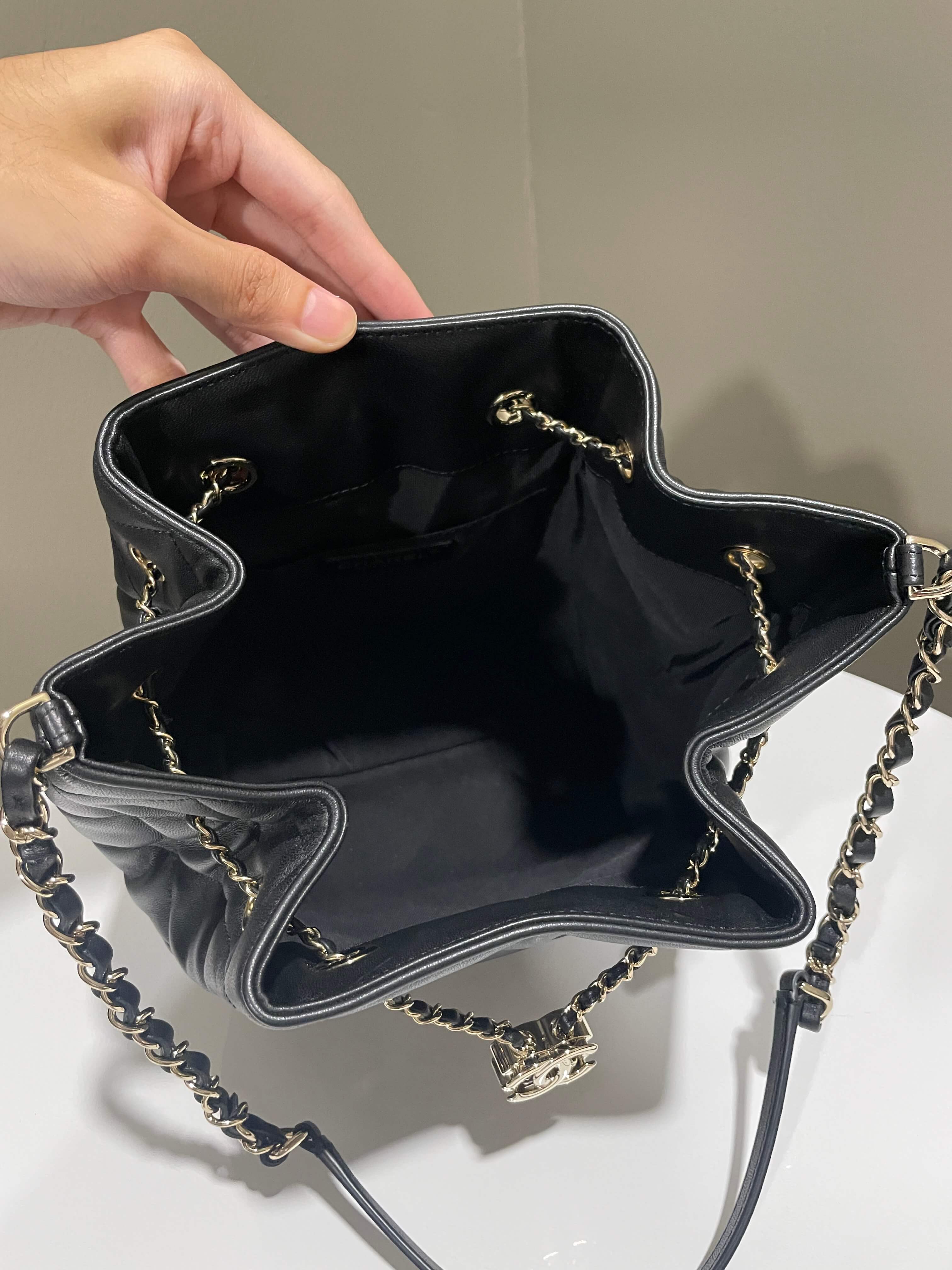 Chanel Quilted Cc Drawstring Bucket Shoulder Bag Black Lambskin
