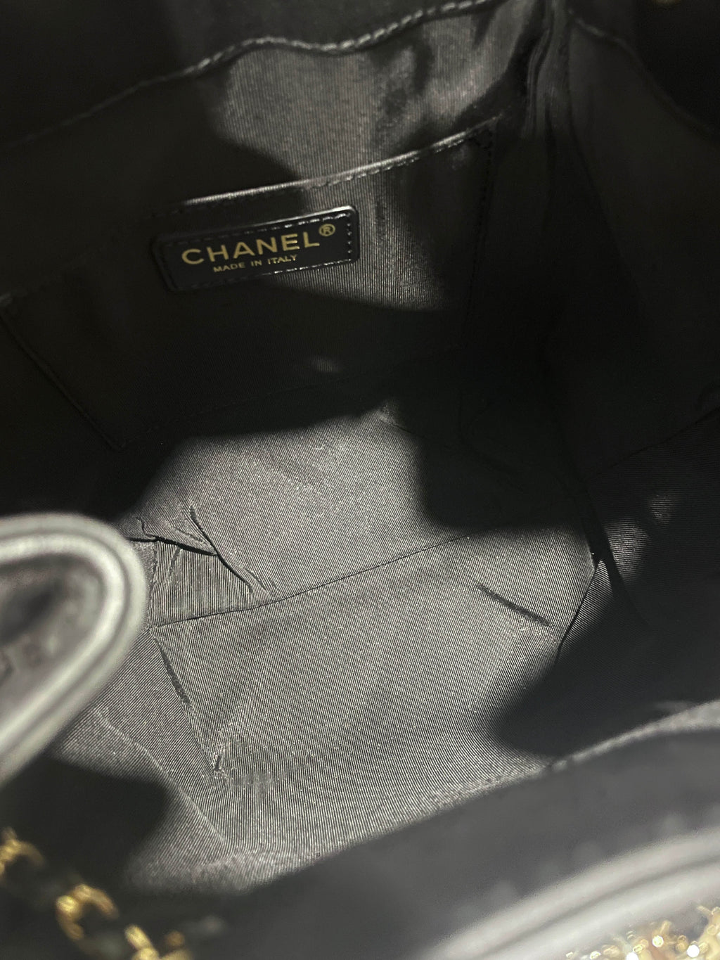 Chanel Quilted Cc Drawstring Bucket Shoulder Bag Black Lambskin