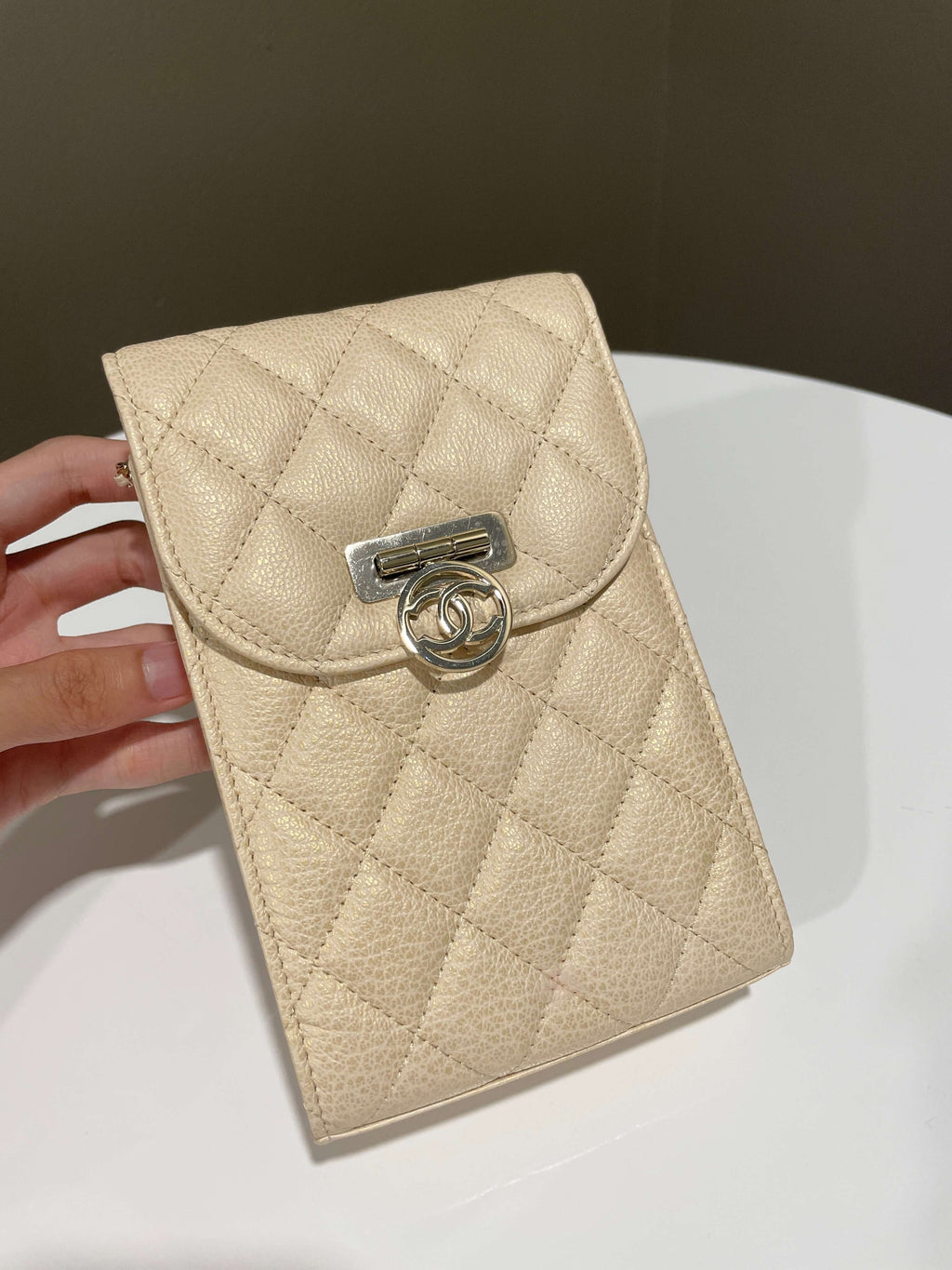 Chanel Quilted Cc Vertical Phone Clutch On Chain Iridescent Champagne Caviar