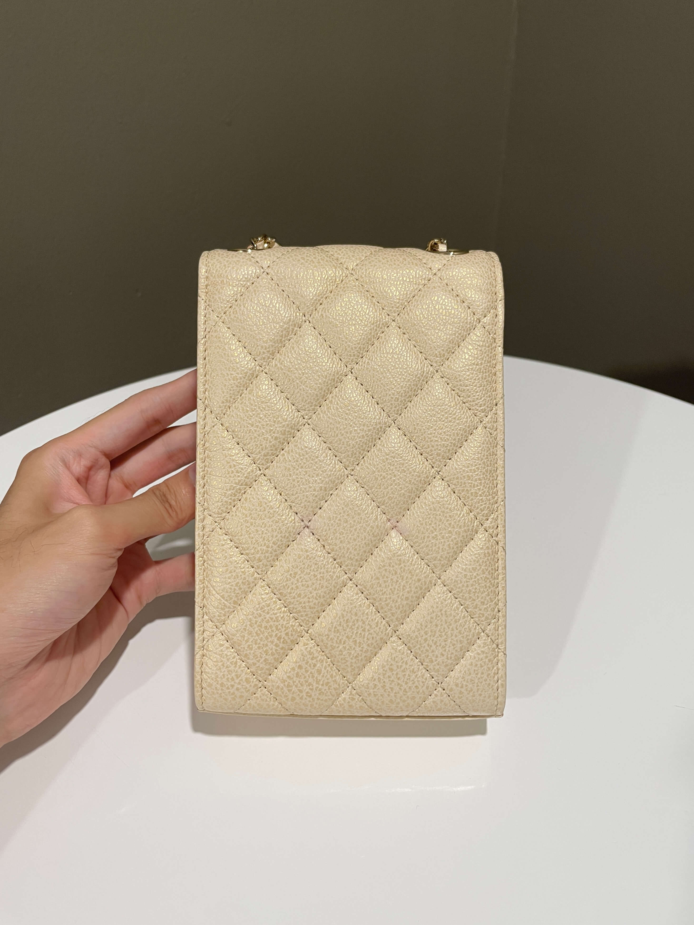 Chanel Quilted Cc Vertical Phone Clutch On Chain Iridescent Champagne Caviar