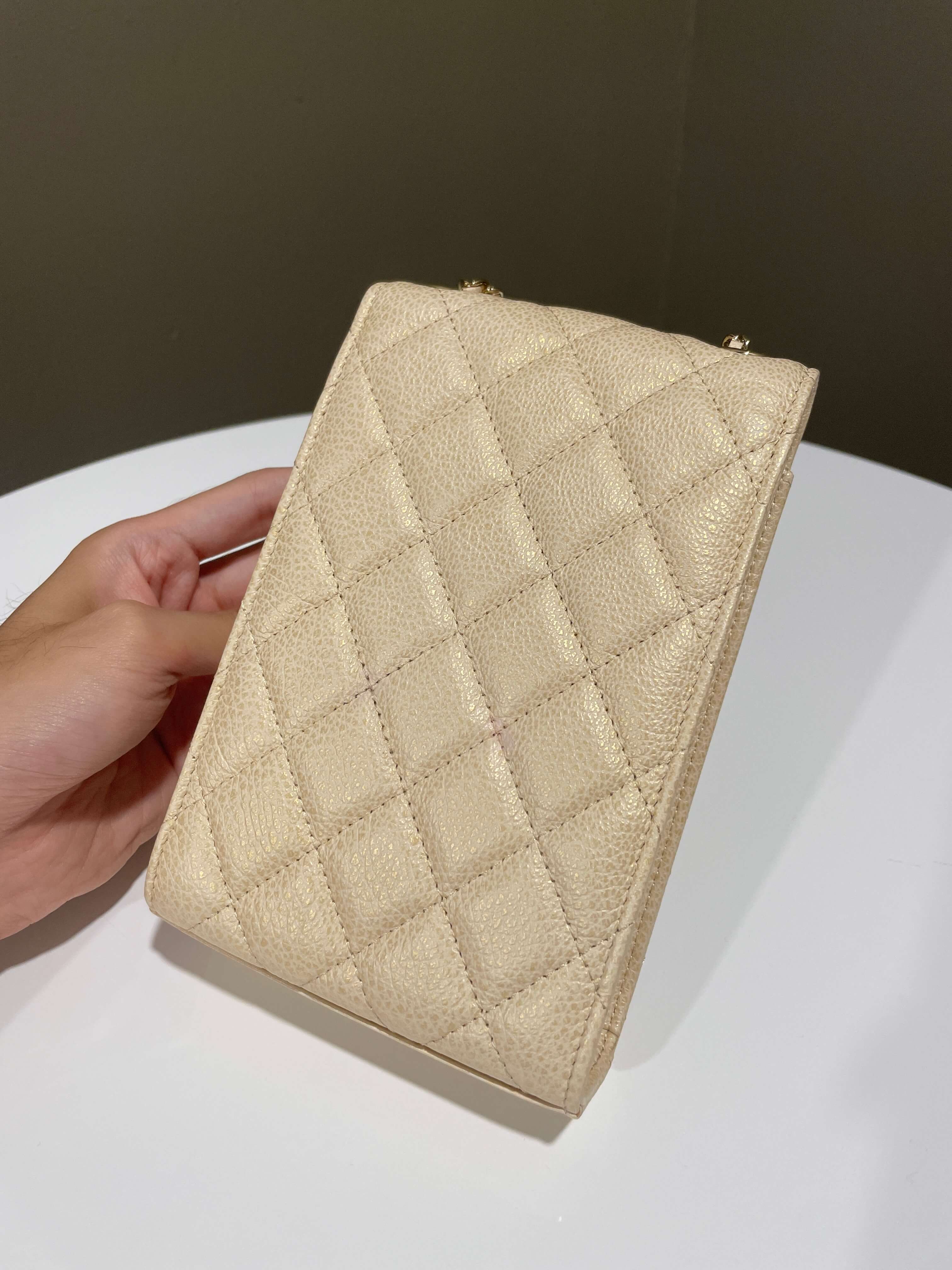 Chanel Quilted Cc Vertical Phone Clutch On Chain Iridescent Champagne Caviar