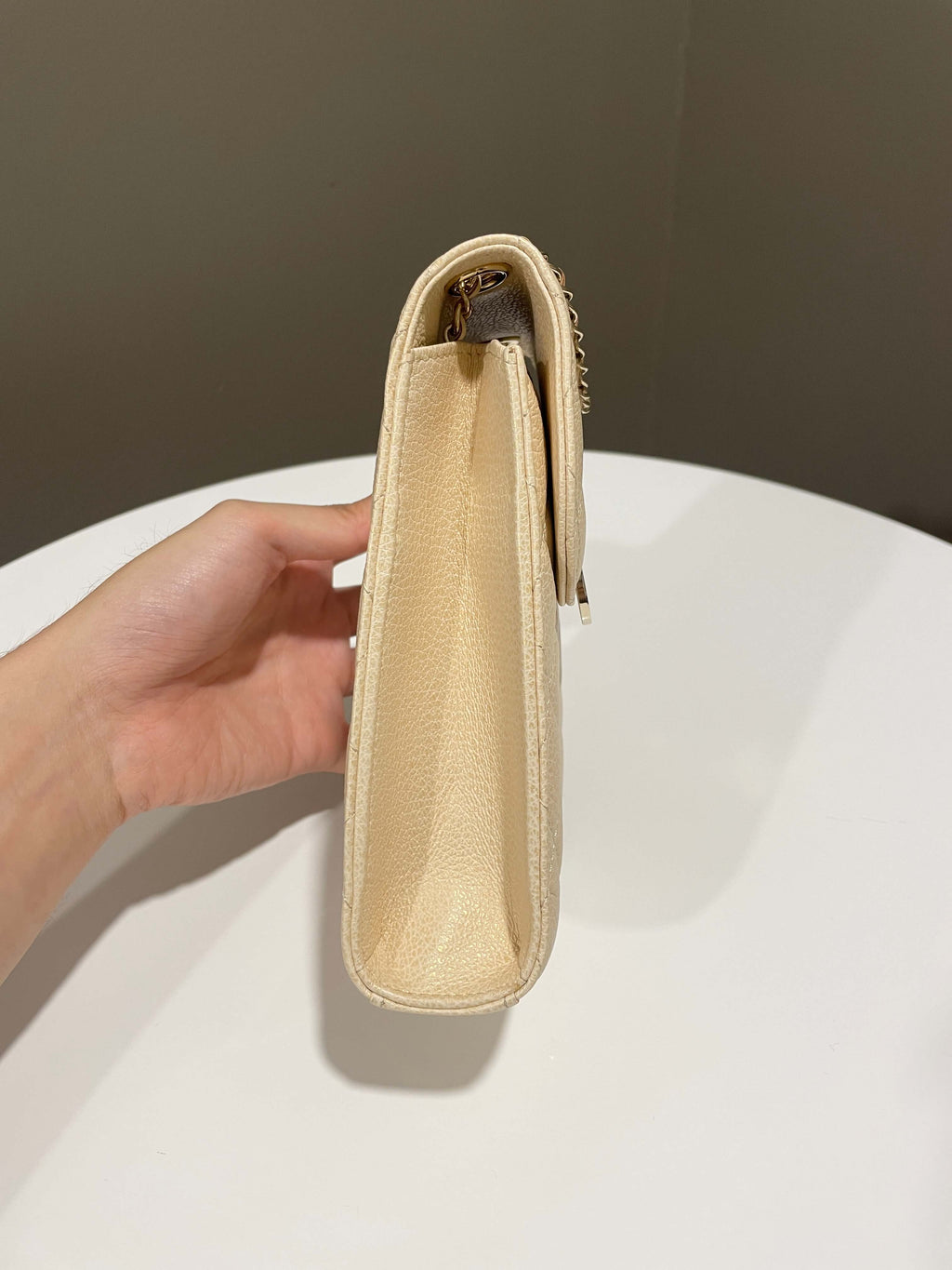 Chanel Quilted Cc Vertical Phone Clutch On Chain Iridescent Champagne Caviar