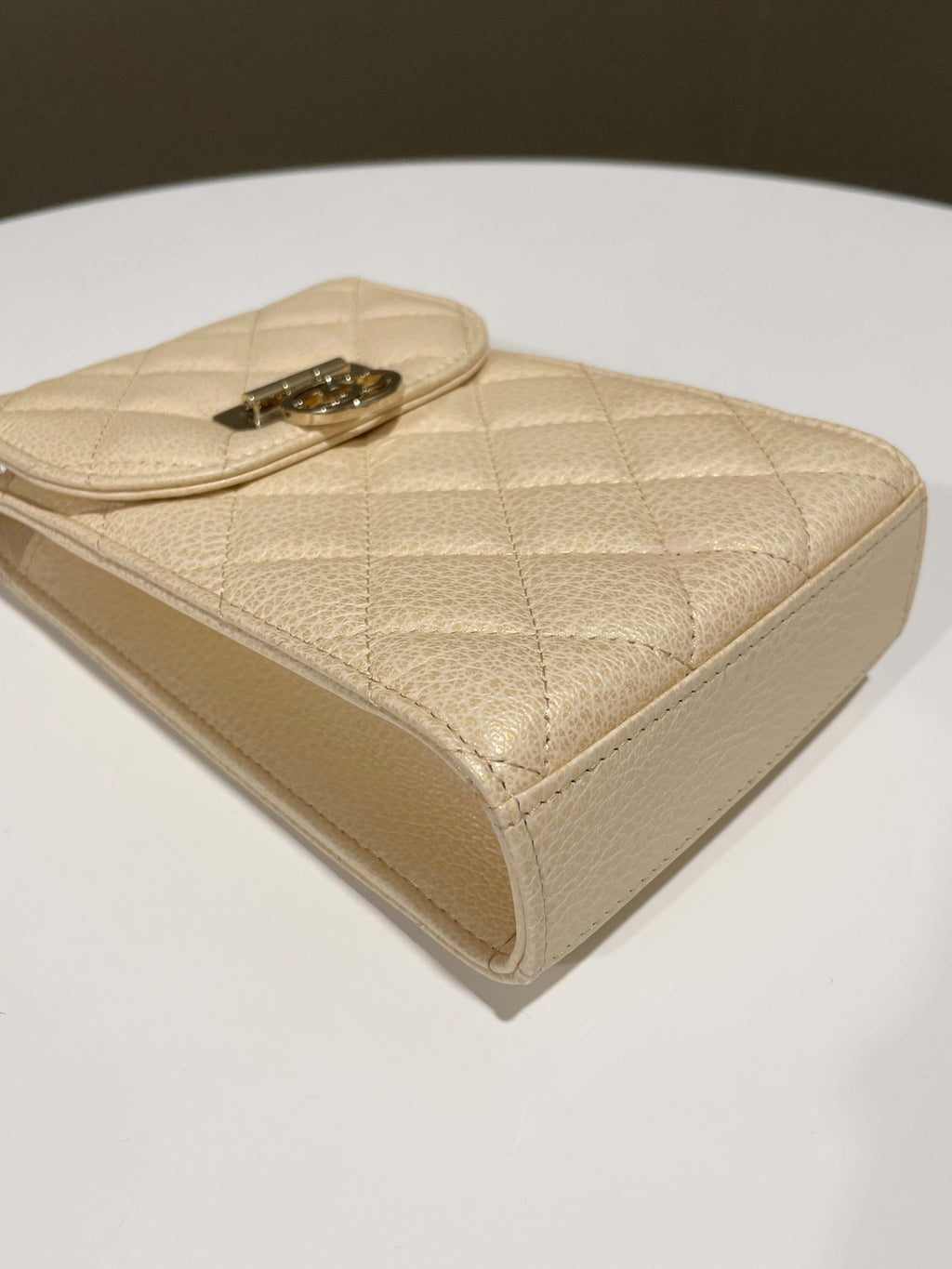 Chanel Quilted Cc Vertical Phone Clutch On Chain Iridescent Champagne Caviar