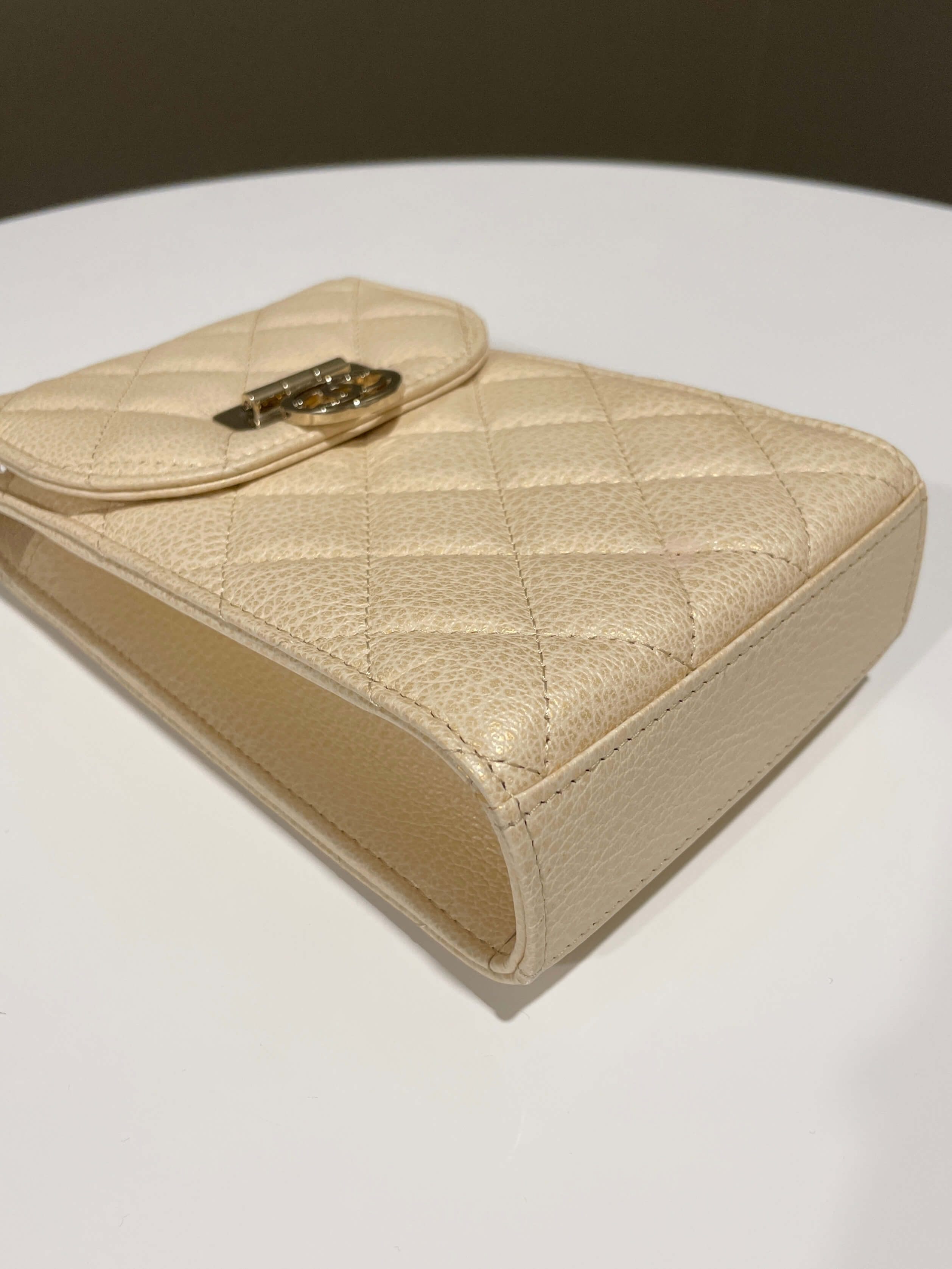 Chanel Quilted Cc Vertical Phone Clutch On Chain Iridescent Champagne Caviar