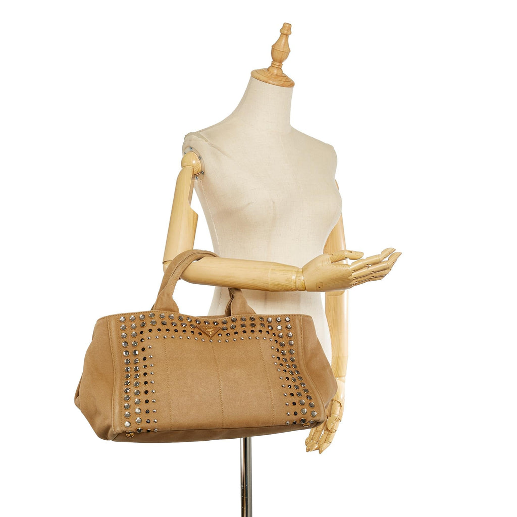 Prada Canapa Studded Canvas Tote Bag (SHG-26057)