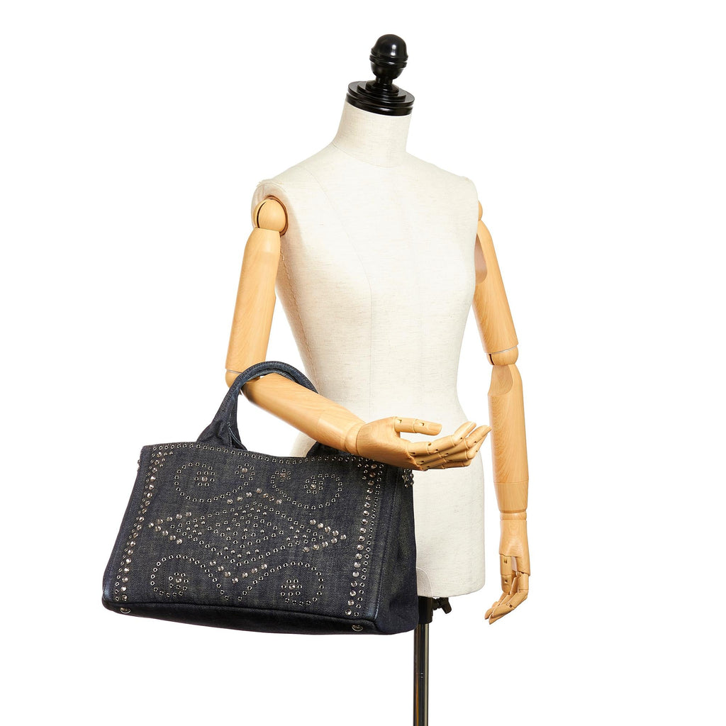 Prada Canapa Studded Denim Tote Bag (SHG-26862)