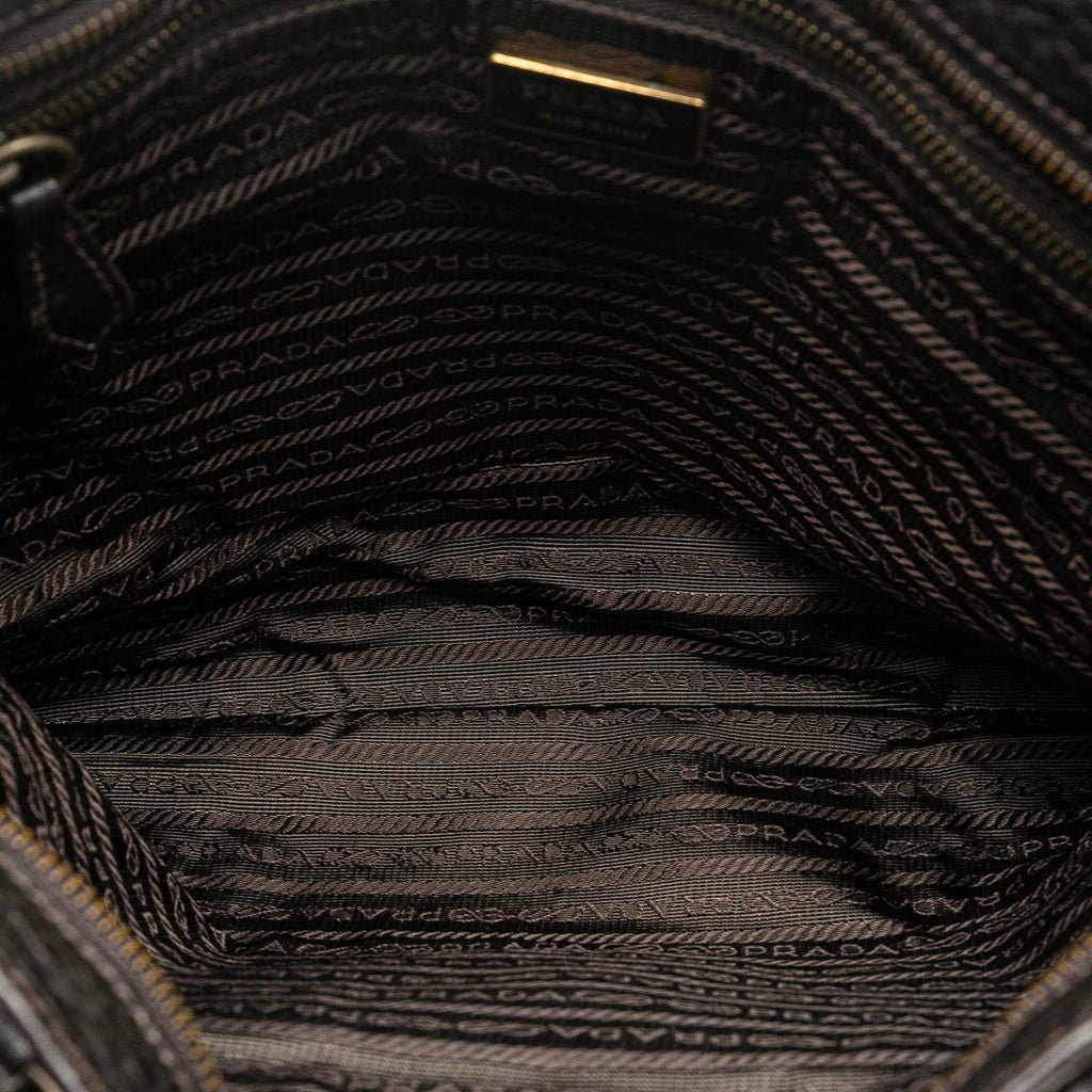 Prada Leather Trimmed Printed Canvas Tote