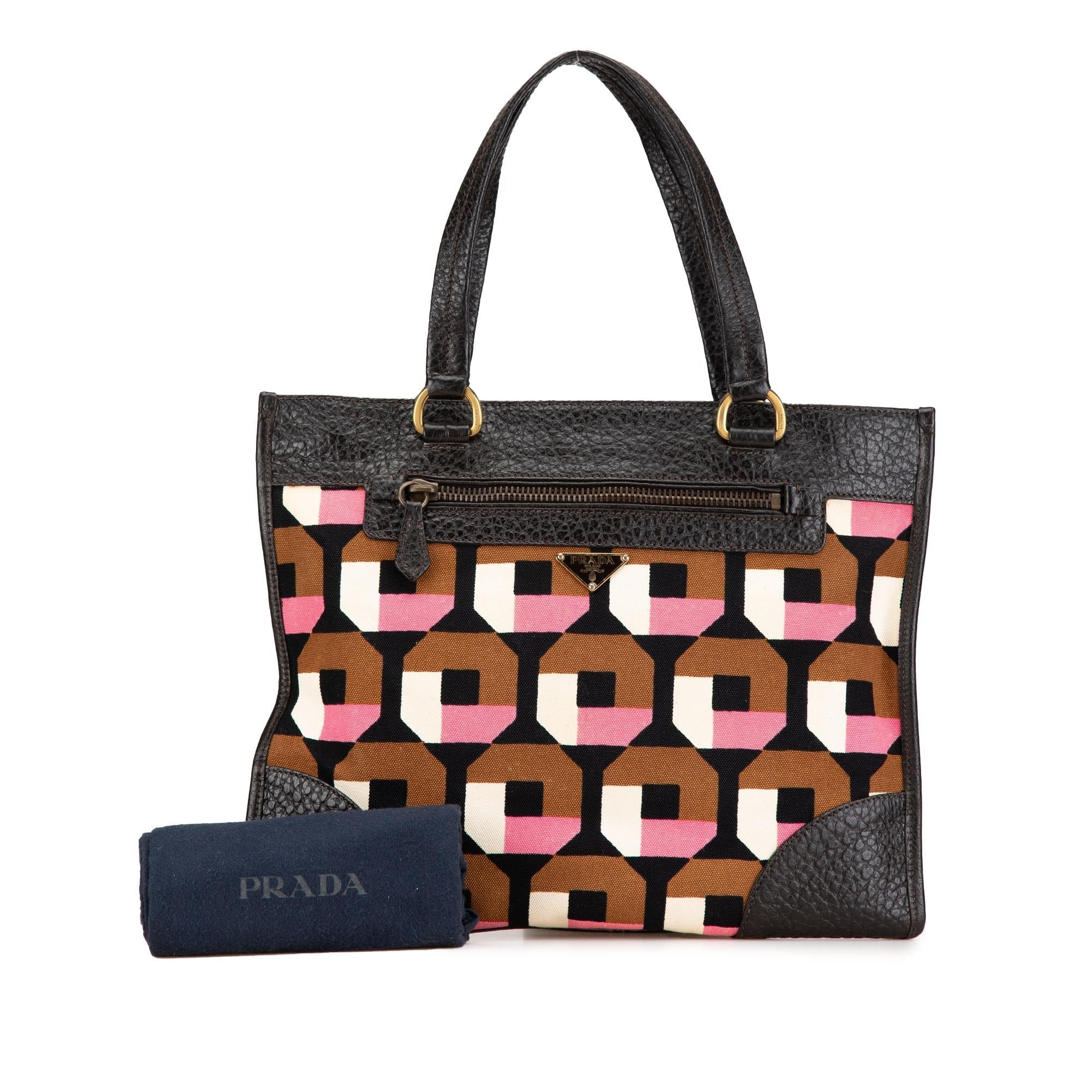 Prada Leather Trimmed Printed Canvas Tote