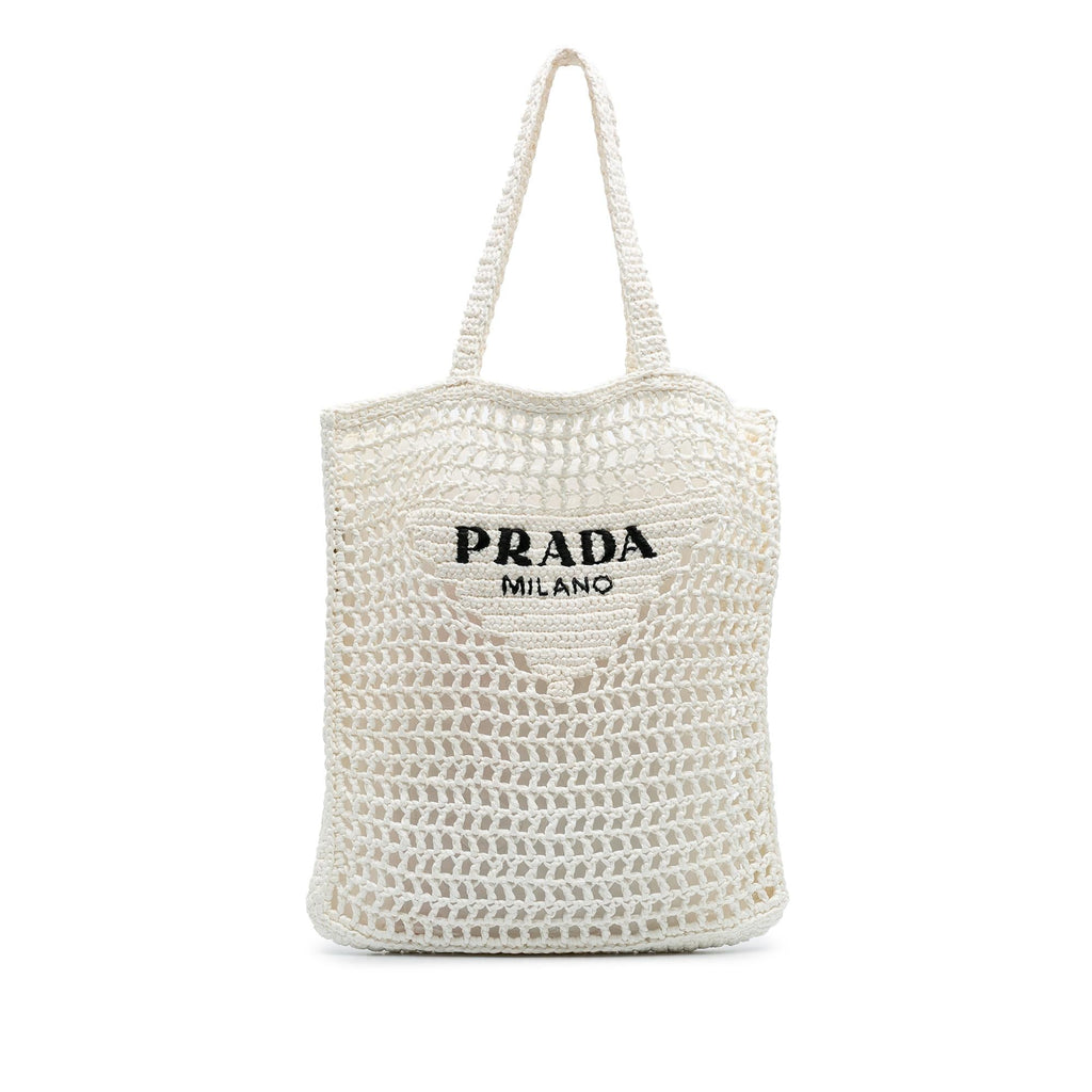 Prada Raffia Effect Crochet Logo Embroidered Tote