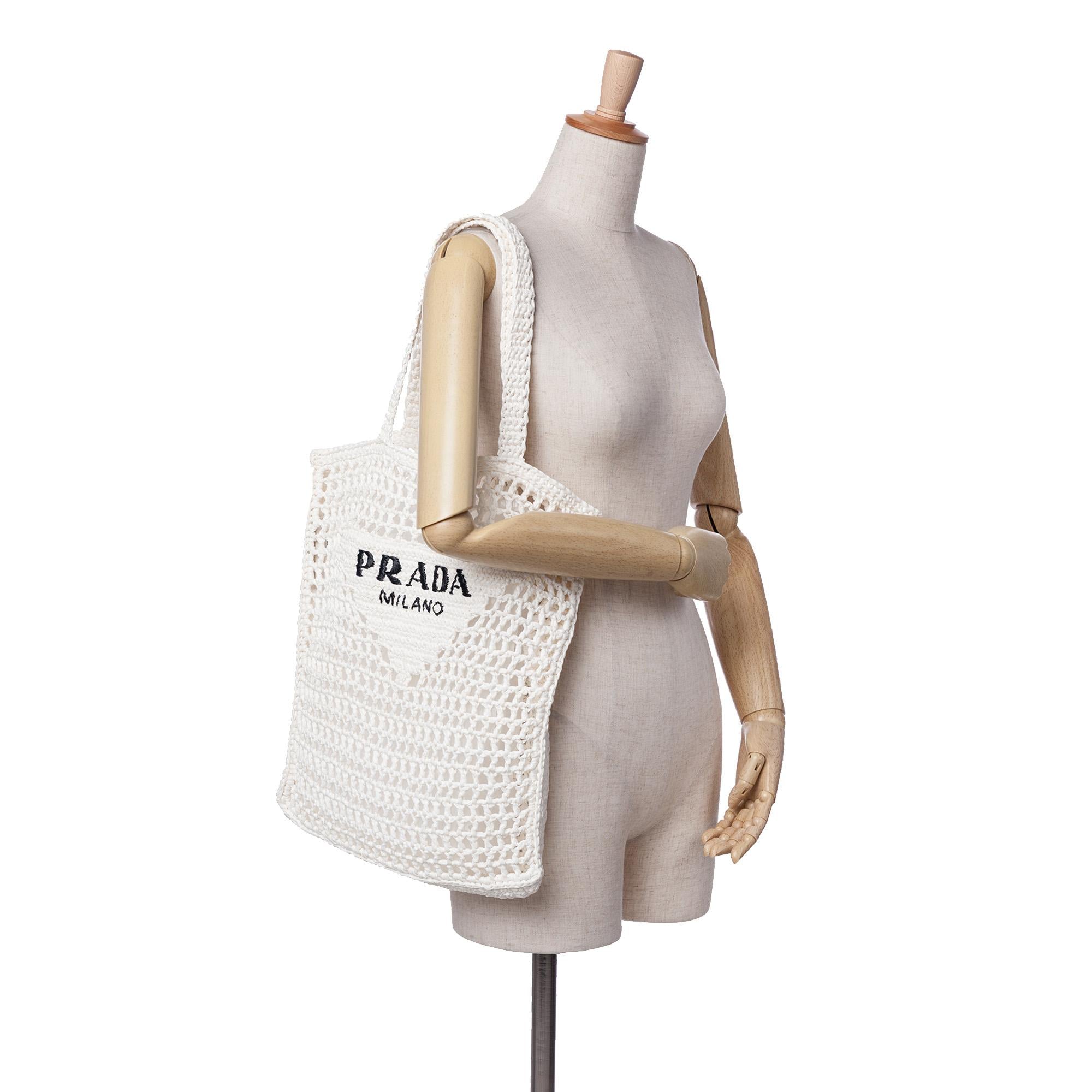Prada Raffia Effect Crochet Logo Embroidered Tote