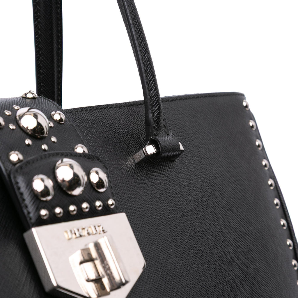 Prada Saffiano Turnlock Double Zip Studded Tote