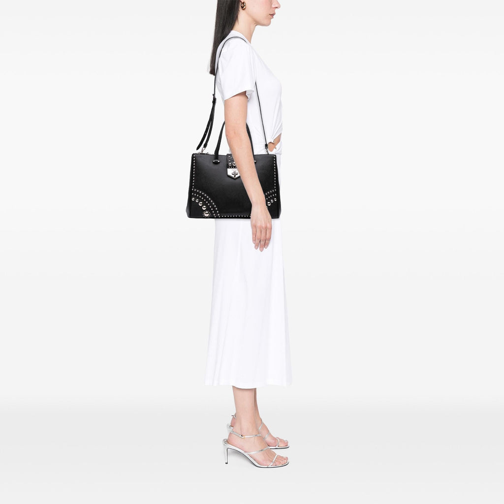 Prada Saffiano Turnlock Double Zip Studded Tote
