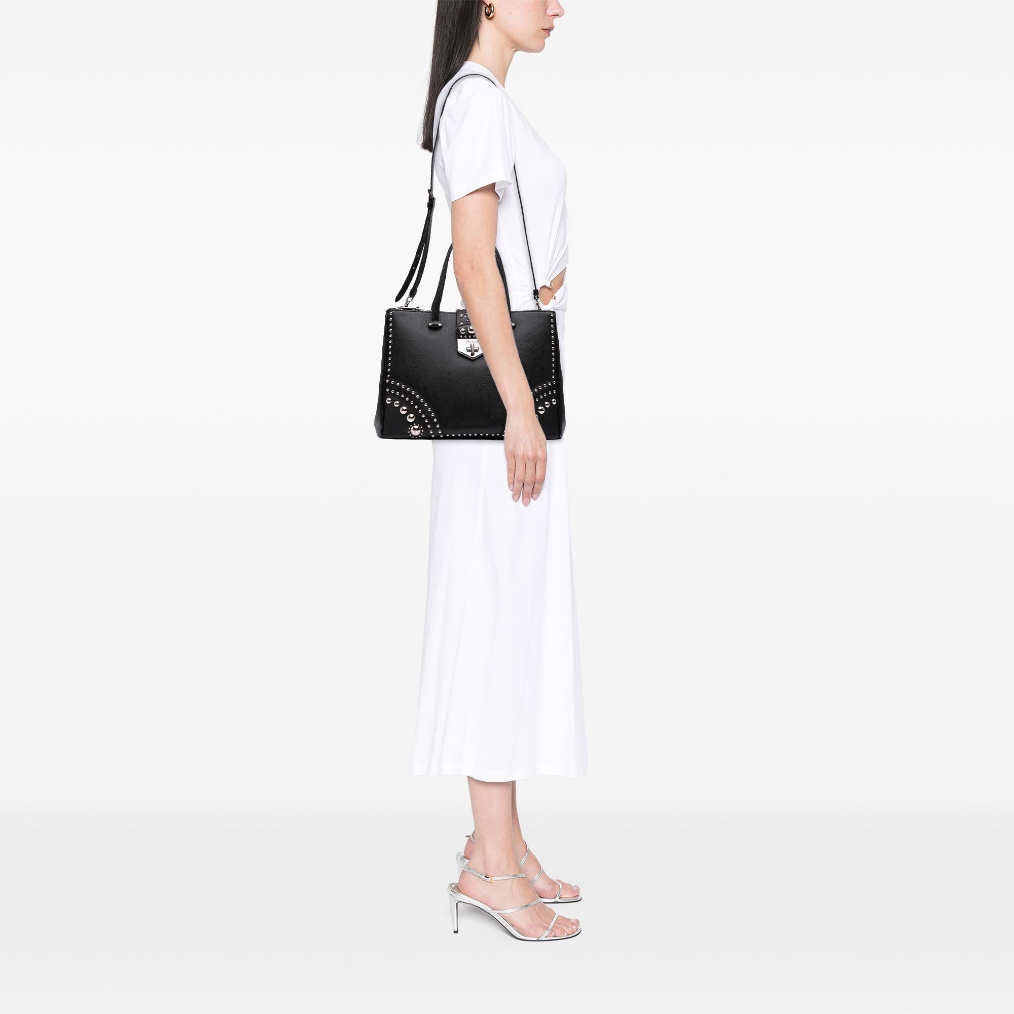 Prada Saffiano Turnlock Double Zip Studded Tote