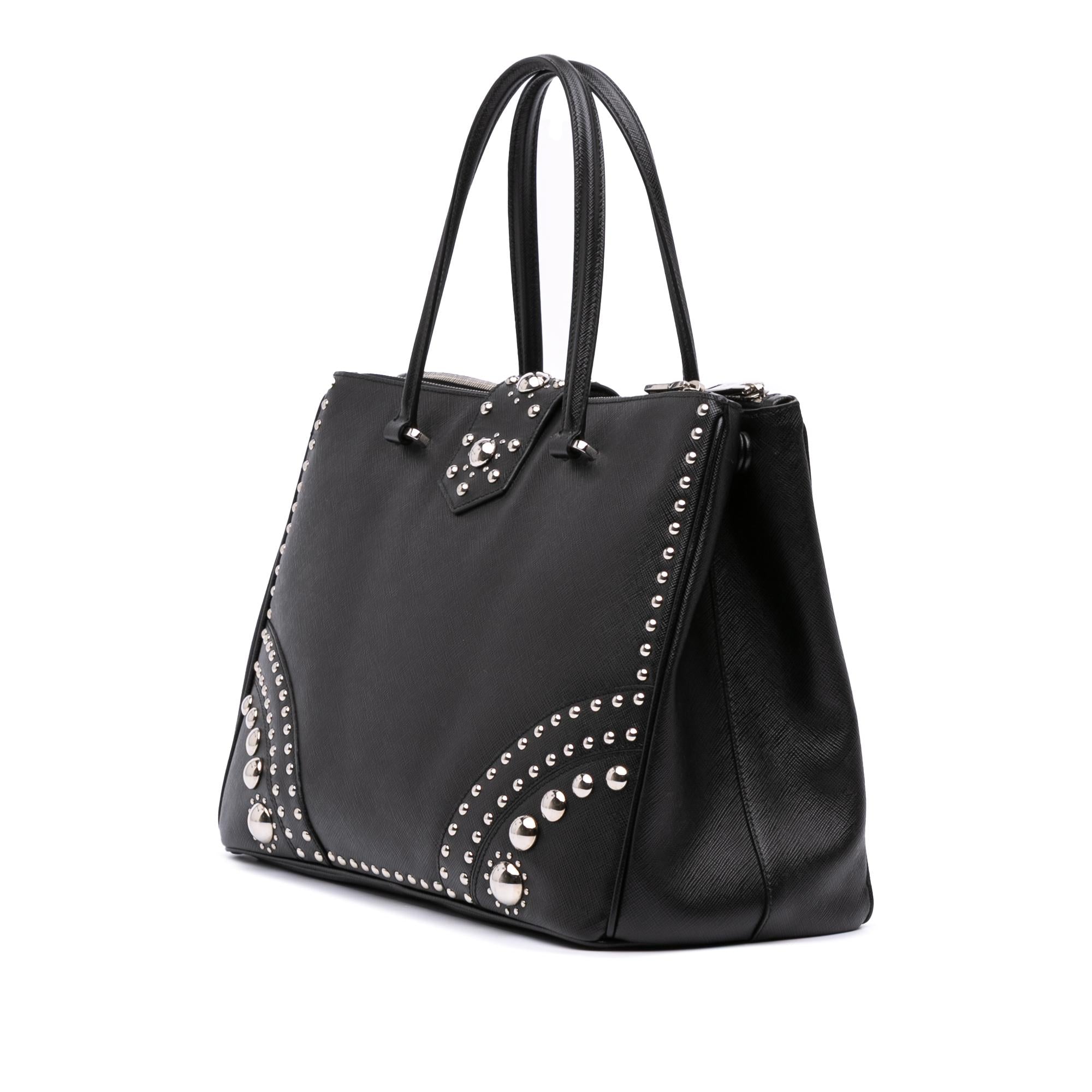 Prada Saffiano Turnlock Double Zip Studded Tote