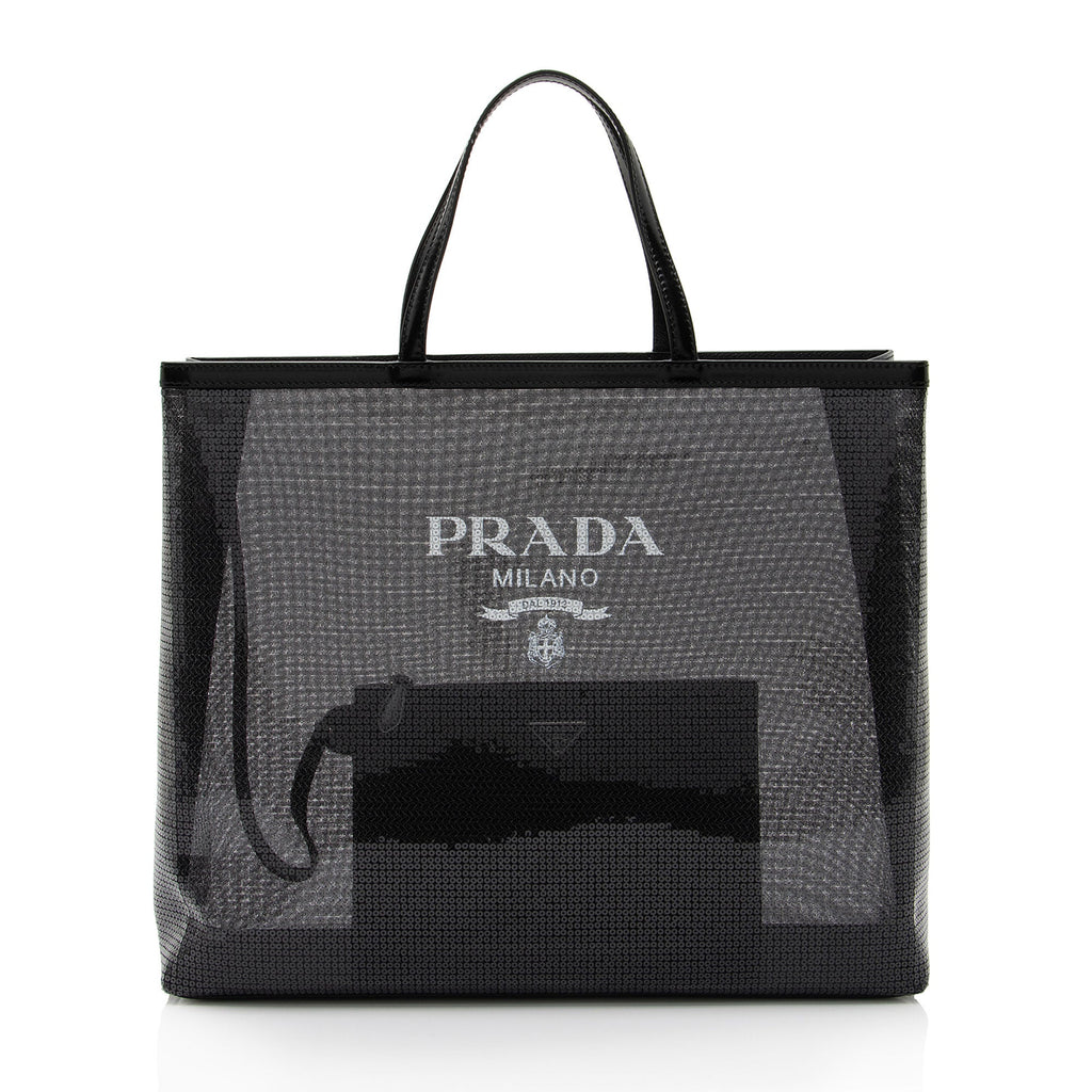 Prada Sequin Mesh Logo Large Tote
