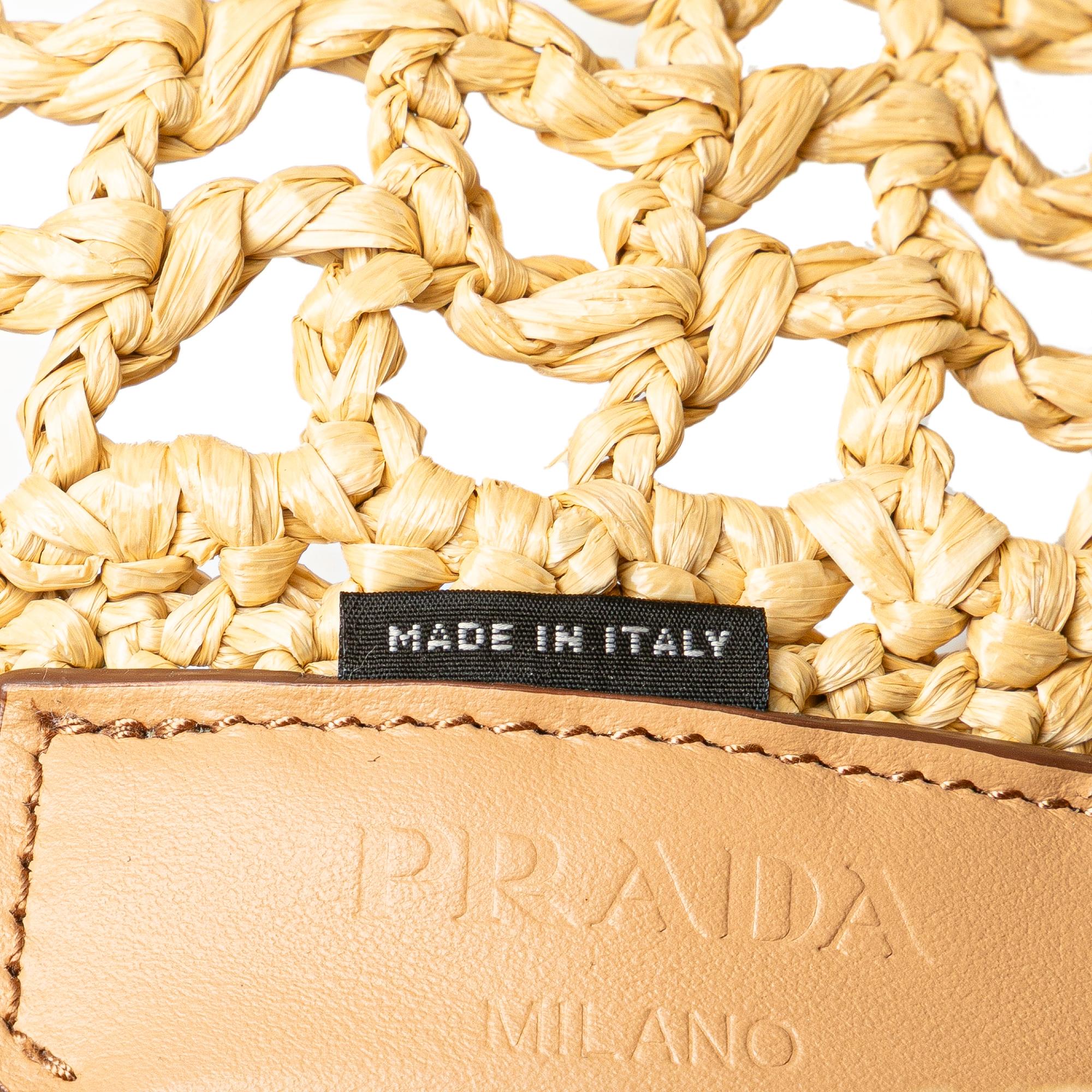 Prada Small Raffia Effect Crochet Logo Embroidered Tote