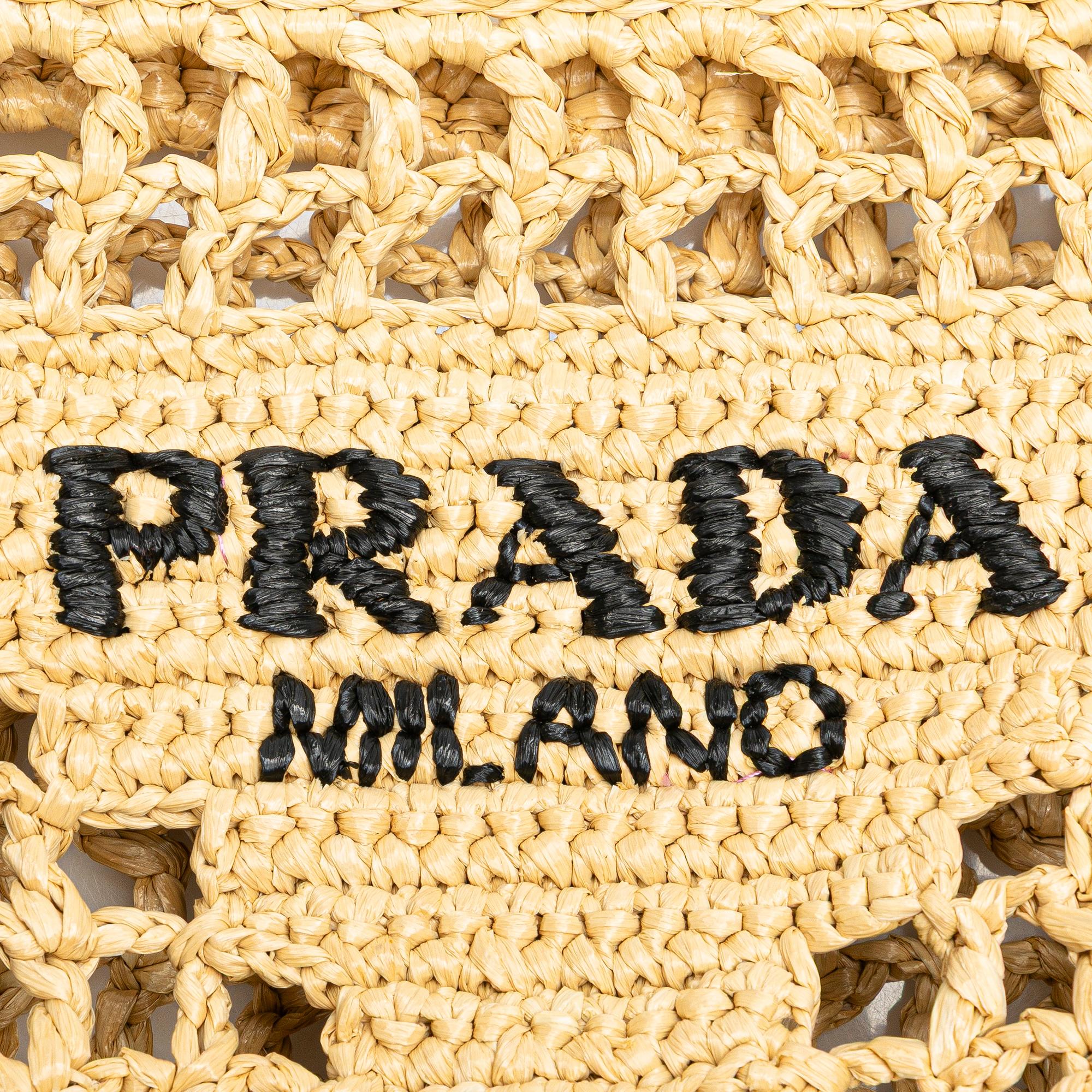 Prada Small Raffia Effect Crochet Logo Embroidered Tote