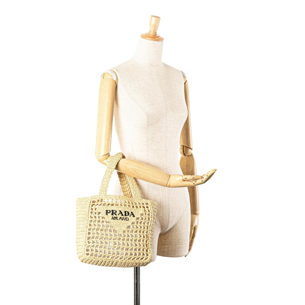 Prada Small Raffia Effect Crochet Logo Embroidered Tote