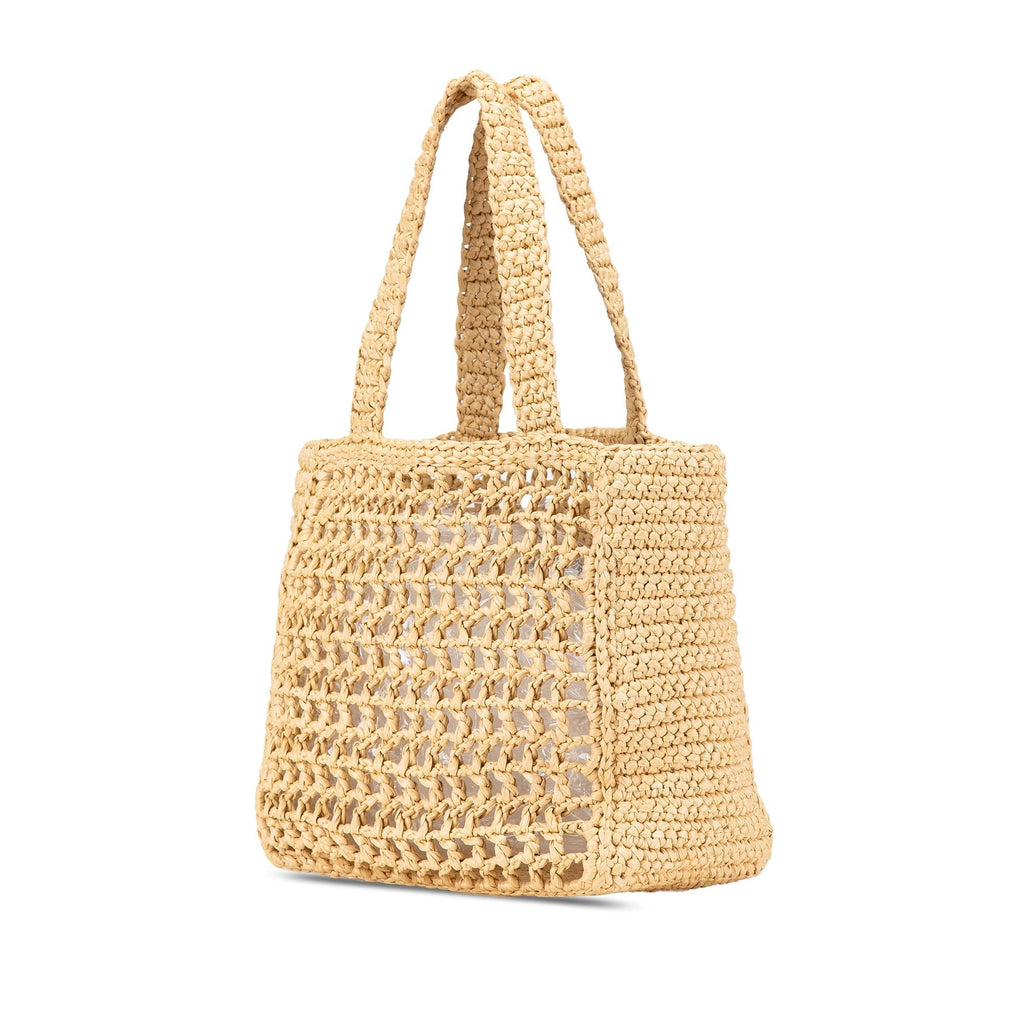 Prada Small Raffia Effect Crochet Logo Embroidered Tote
