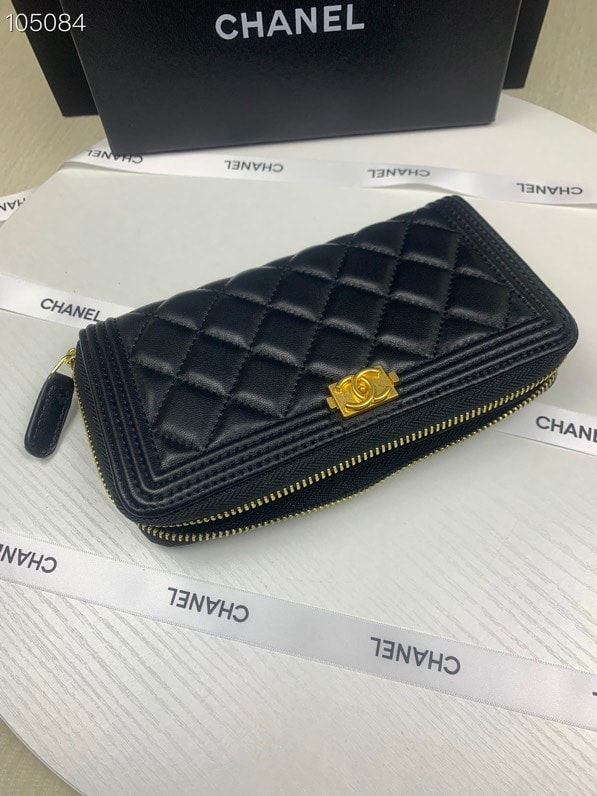 Chanel CHL BOY LONG ZIPPED WALLET WITH GOLD HARDWARE BLACK 19.4CM