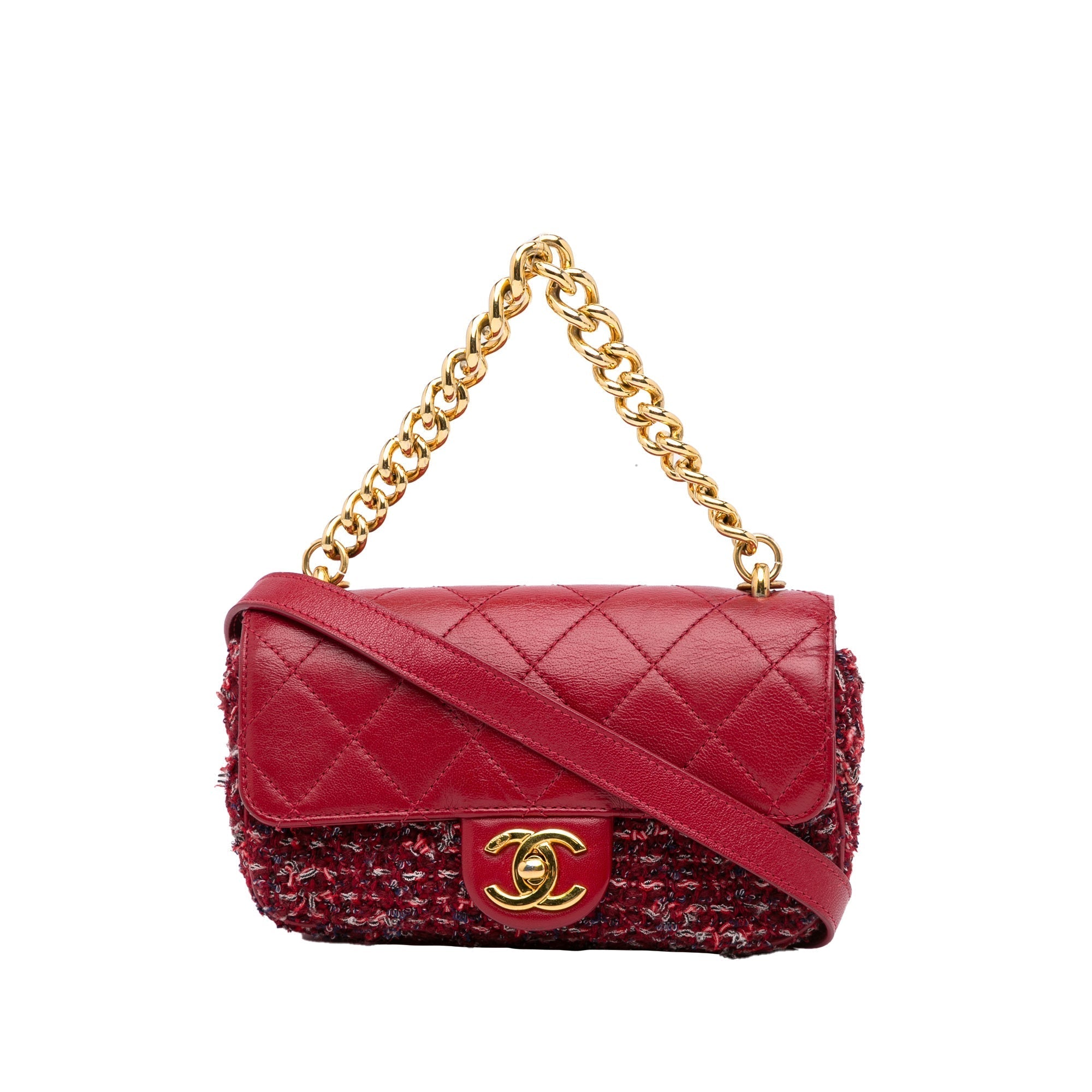 Chanel Classic Single Flap Red Tweed Lambskin Gold