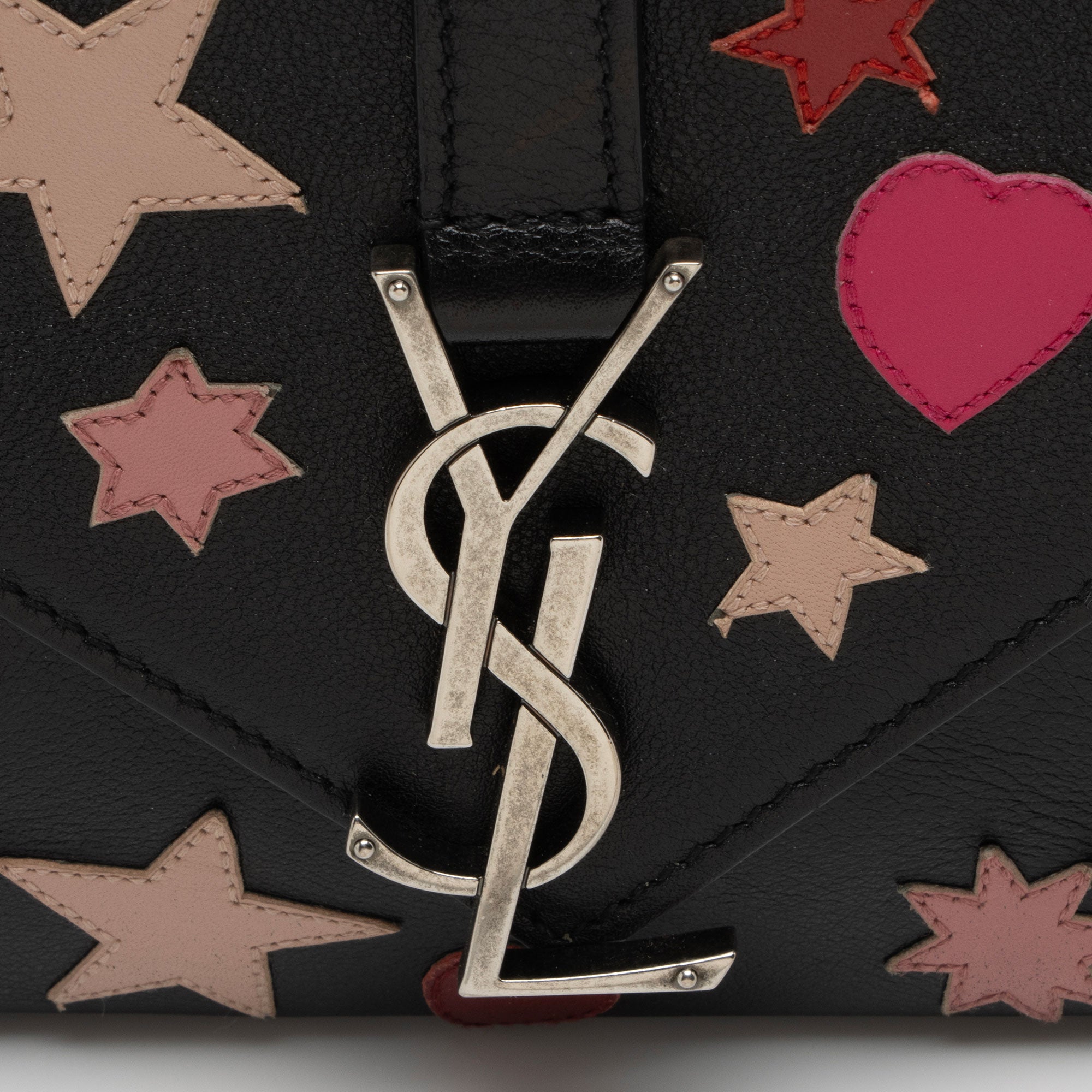 Saint Laurent Calfskin Heart Patchwork Monogram Chain Wallet