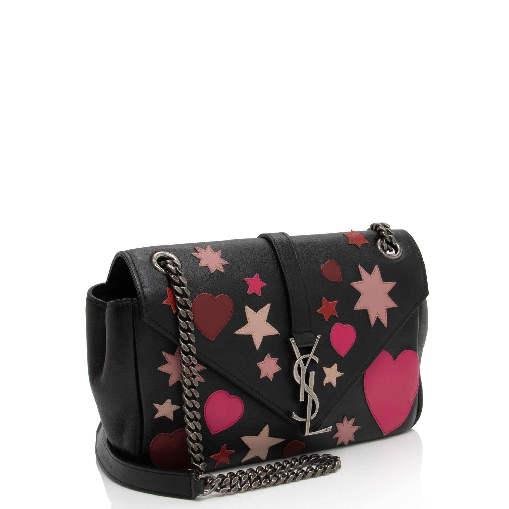 Saint Laurent Calfskin Heart Patchwork Monogram Chain Wallet