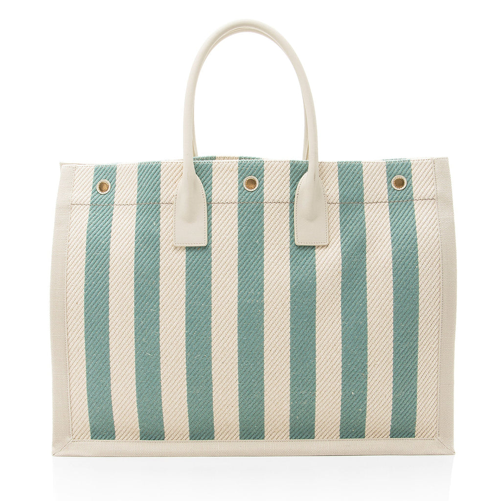 Saint Laurent Canvas Calfskin Striped Rive Gauche Large Tote
