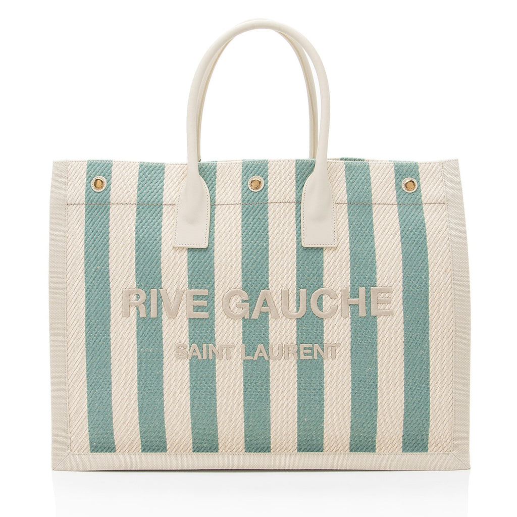 Saint Laurent Canvas Calfskin Striped Rive Gauche Large Tote