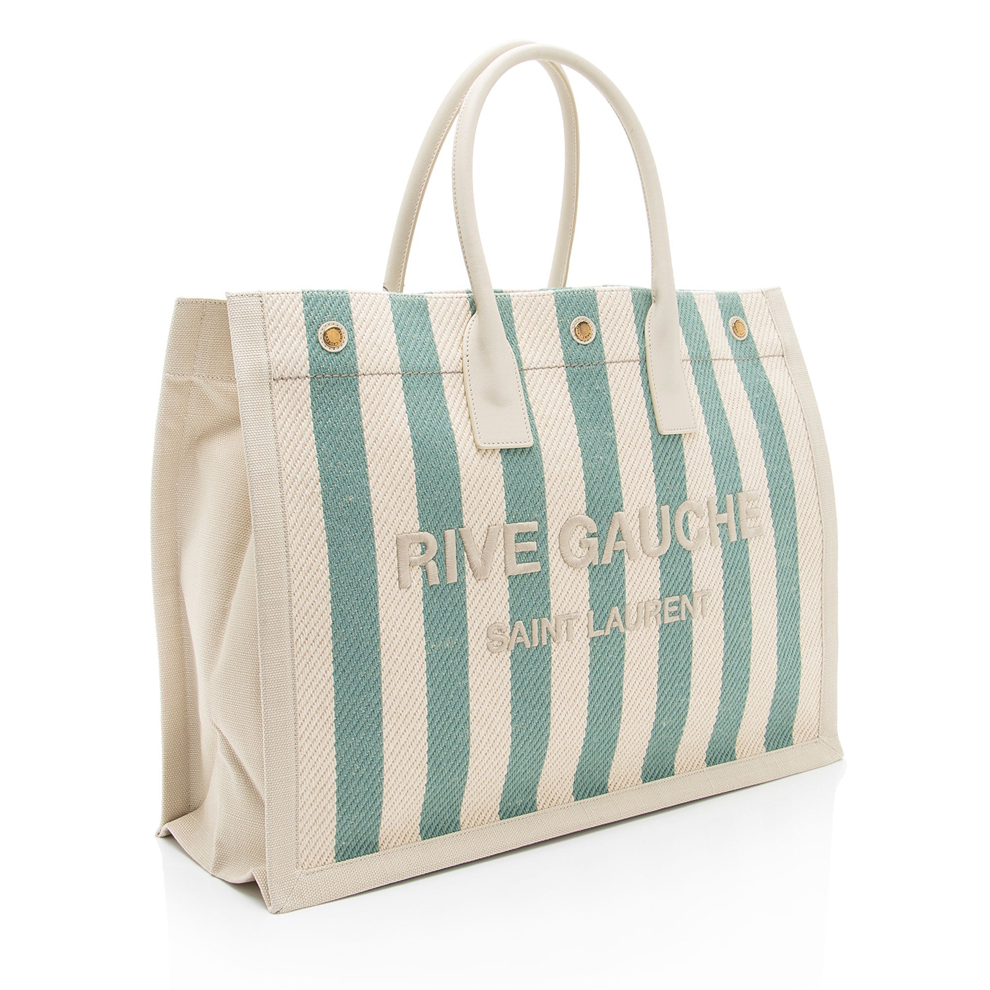 Saint Laurent Canvas Calfskin Striped Rive Gauche Large Tote