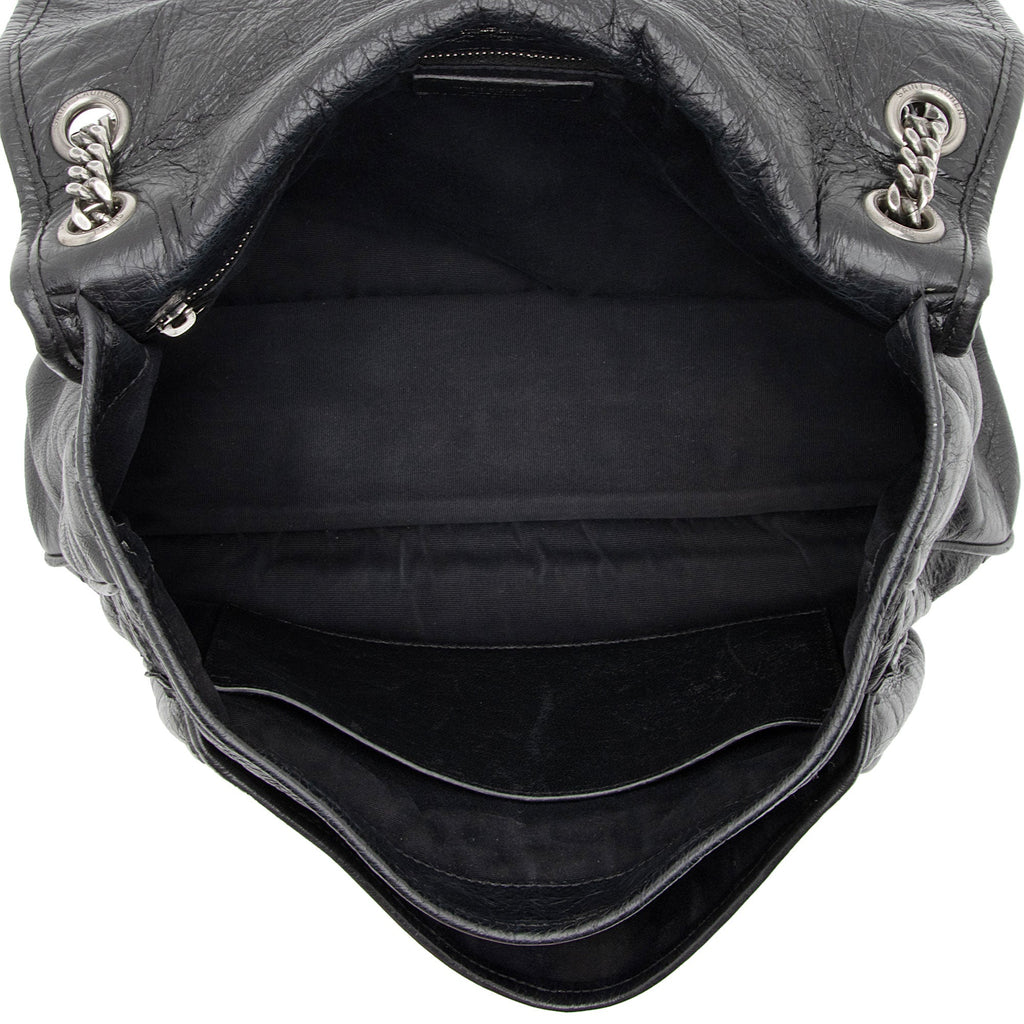 Saint Laurent Crinkled Calfskin Matte Black Monogram Niki Large Shoulder Bag (SHF-eFW25Q)