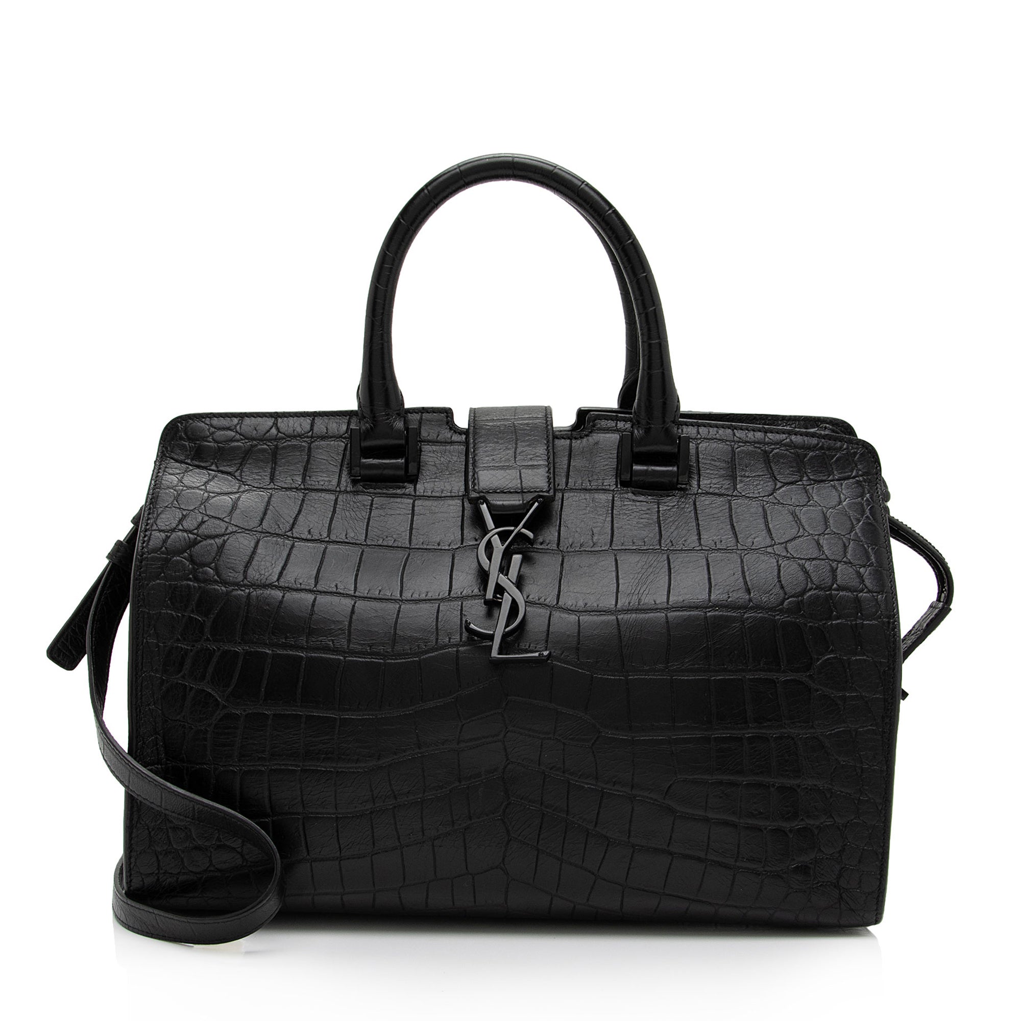 Saint Laurent Croc Embossed Leather Monogram Baby Cabas Tote (SHF-QBG3Zi)