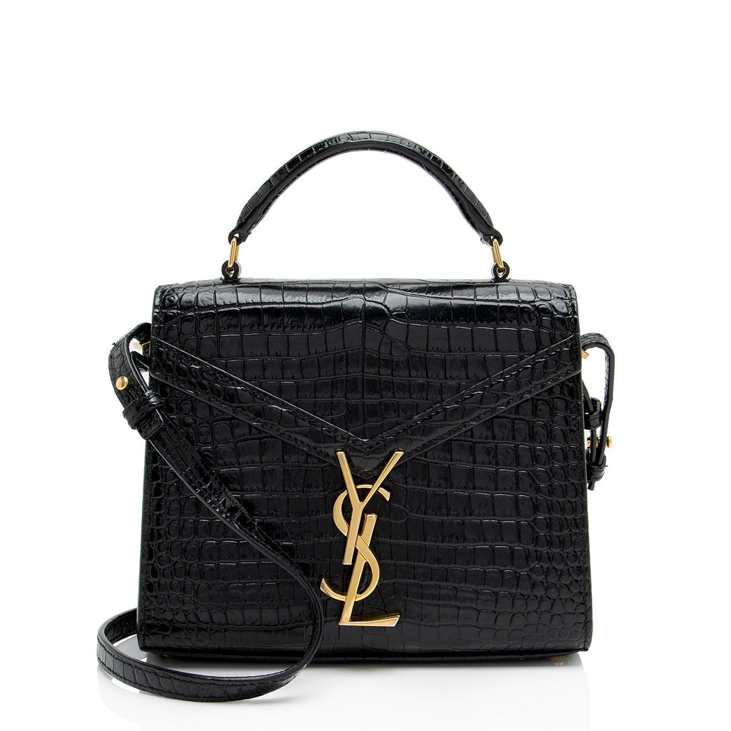 Saint Laurent Croc Embossed Leather Monogram Cassandra Mini Top Handle
