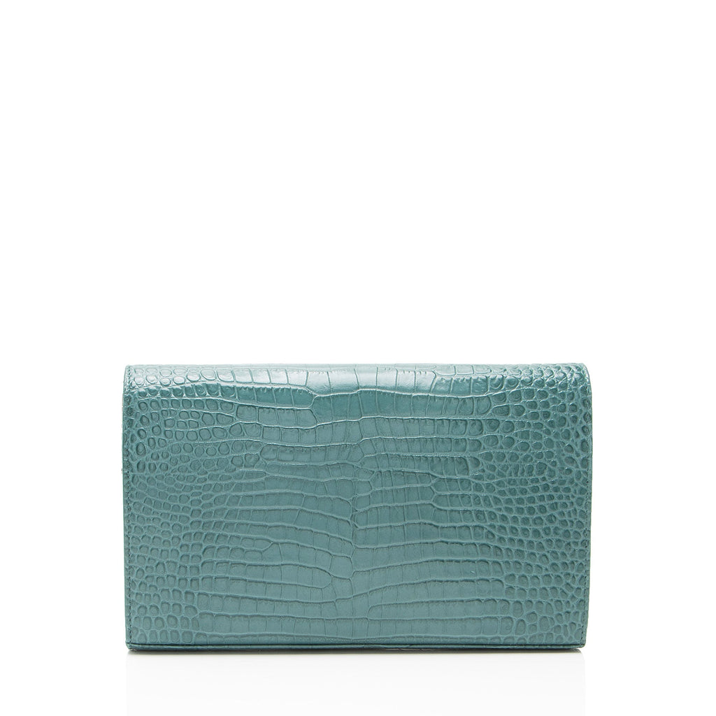 Saint Laurent Croc Embossed Leather Monogram Chain Wallet