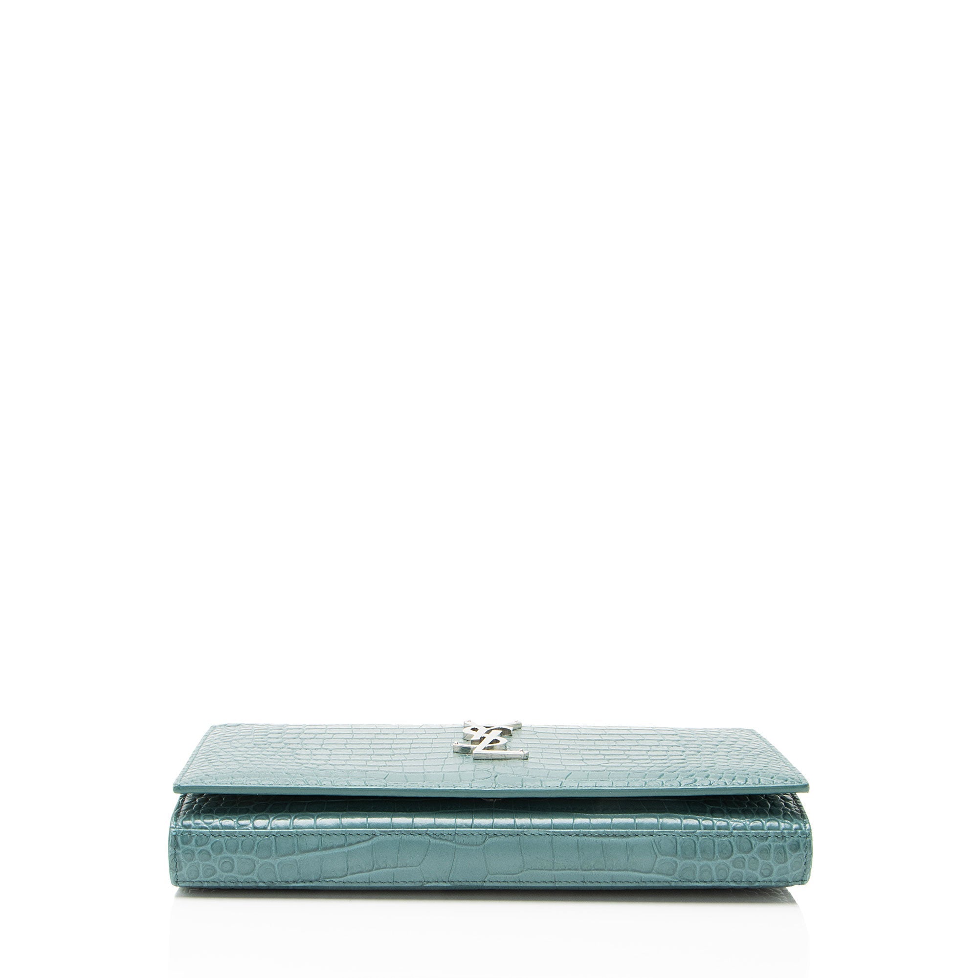 Saint Laurent Croc Embossed Leather Monogram Chain Wallet