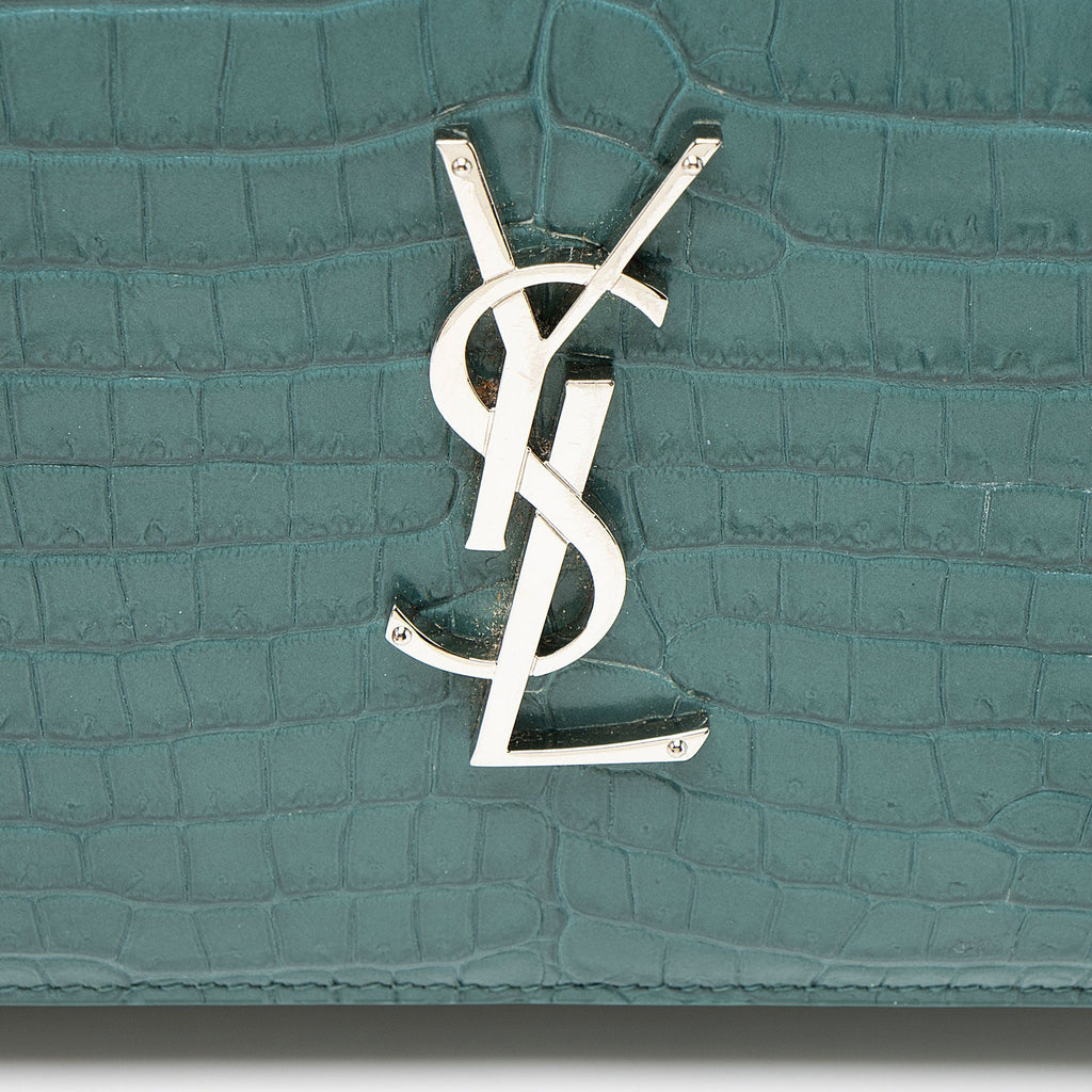 Saint Laurent Croc Embossed Leather Monogram Chain Wallet